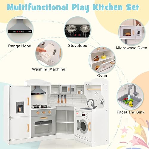 Miniatura 4 de Juego de cocina esquinera de madera para niños con luces y sonidos, juego de cocina de juguete con juego de chef, cocina para niños pequeños con