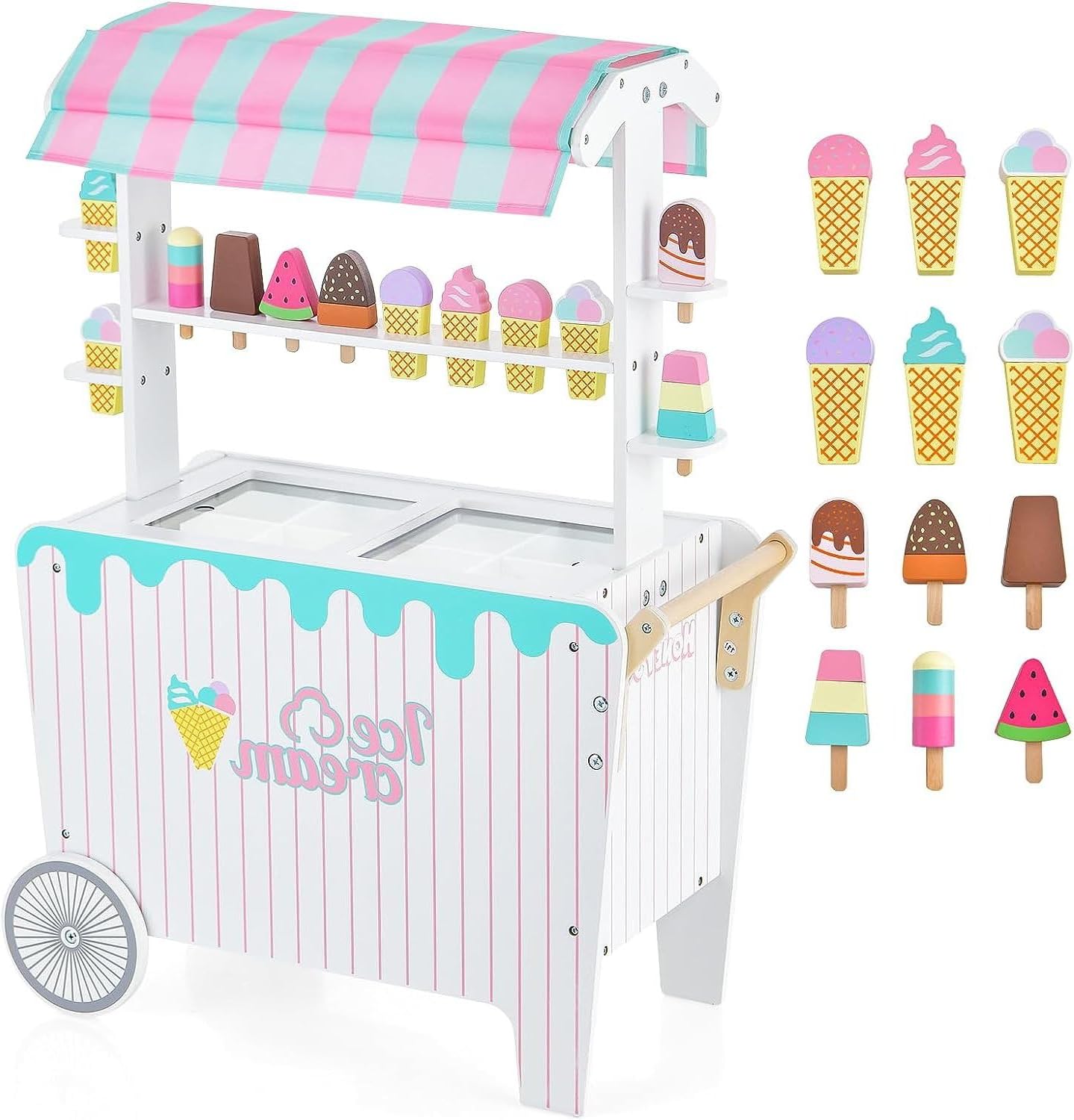 FUTADA Wooden Ice Cream Cart for Kids, Pretend Play Food Trunk Toy with 12 Pieces Play Accessories, Display Rack, Freezer Compartment, Toddler Ice Cream Toy Set with 2 Wheels, Gift for Boys Girls 3+