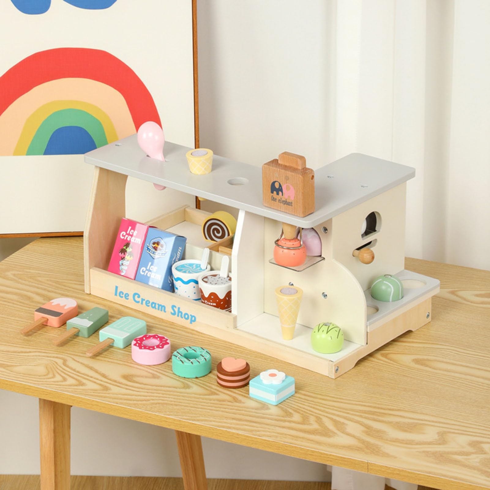 Set da Gioco Finta Gelateria, Giocattolo Simulazione Banco dei Dolci | Set di Cibo Giocattolo in Legno, Bancarella di Gelati Giocattolo, Bancarella per Gioco di Ruolo