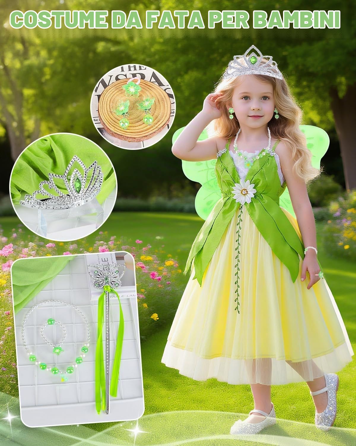 Costume Tinkerbell Bambina, Vestito Principessa con Ali, Corona, Bacchetta Magica e Accessori, Costume Tinkerbell Principesse 3-8 Anni per Compleanni, Cosplay, Carnevale e Halloween