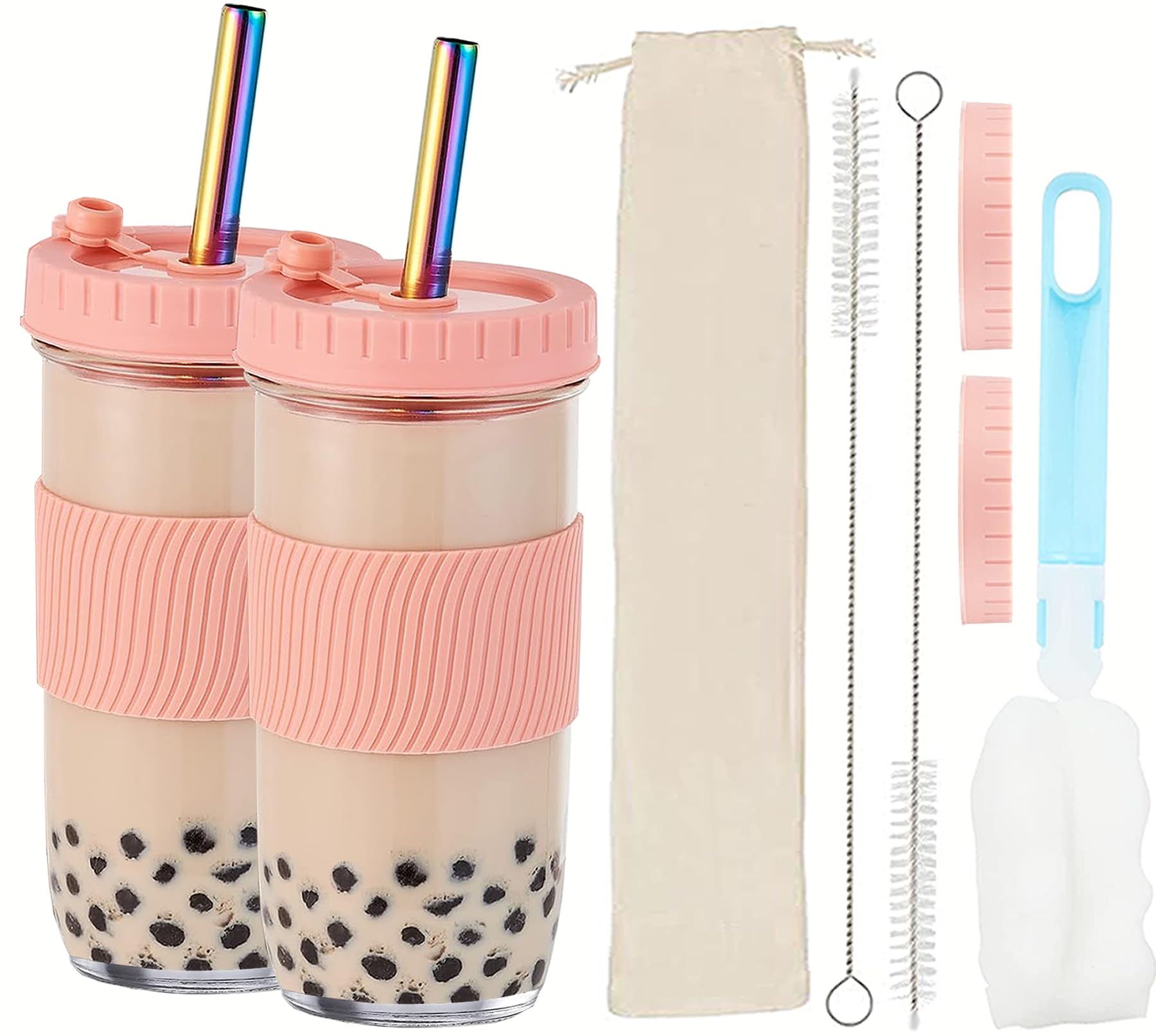 POWDAPTE Reusable Boba Cup Bubble Tea Cup 2 Pack, 24Oz Wide Mouth Smoothie Cups with Lids, Cute Glass Cups for Coffee Accessories Gifts Must Haves(Pink)