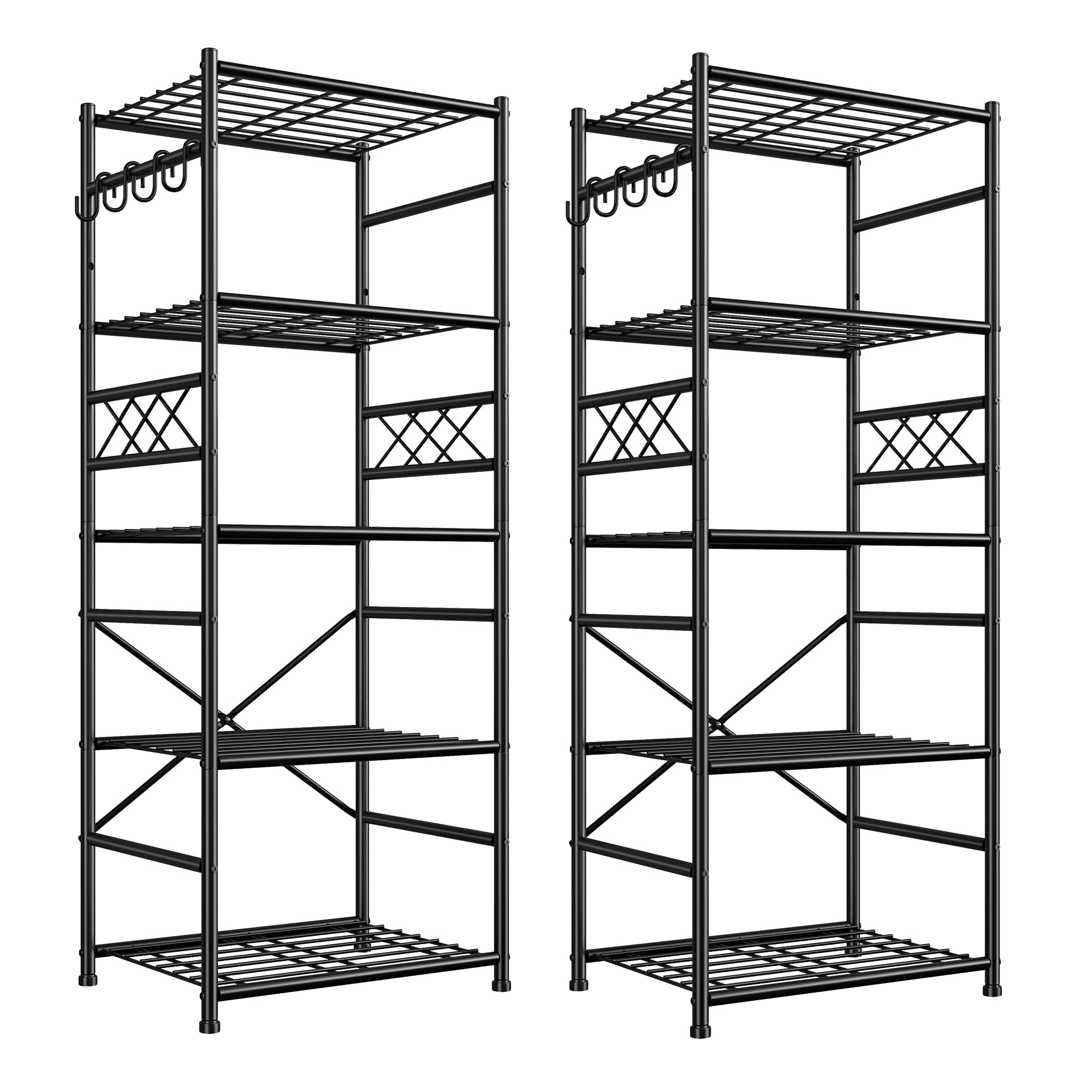 DurayLoly 5-Tier Storage Shelves,Sturdy Metal Shelving Unit with Hooks,Wobble-Free Storage Rack with Leveling Feet,Slim Standing Shelf Organizer for Garage Kitchen Pantry,17.7”W×11.8”D ×58.3”H,Black