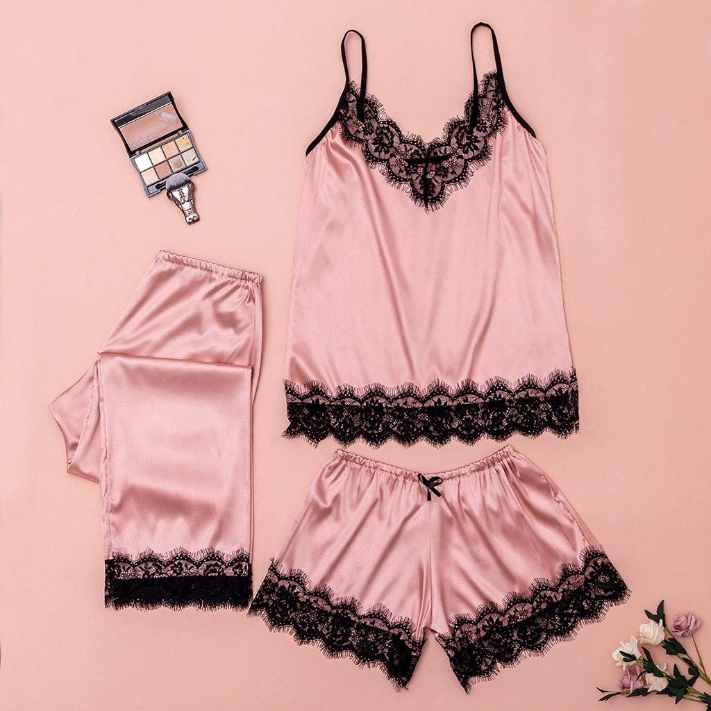 Fiocco Indumenti da Notte Canotta Pizzo Donna Lingerie Pigiama Pantaloni 3 Pezzi Raso Abbigliamento Casual per Donna Lingerie Sexy (Rosa S)