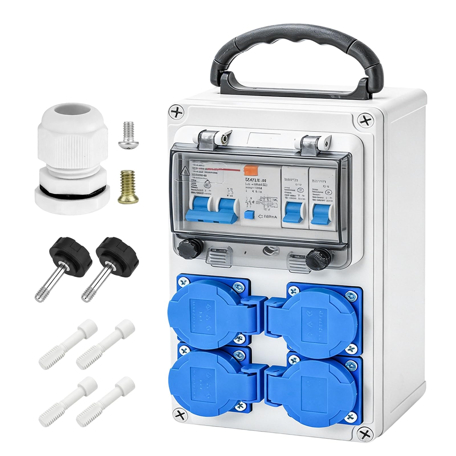 Baustromverteiler: Steckdosenverteiler 4x Schuko 230V, 16A Wandverteiler Stromverteiler mit FI Schalter, Starkstrom Verteiler, IP66 Wandverteilerkästen Aufputz Verteiler für Indoor/Outdoor