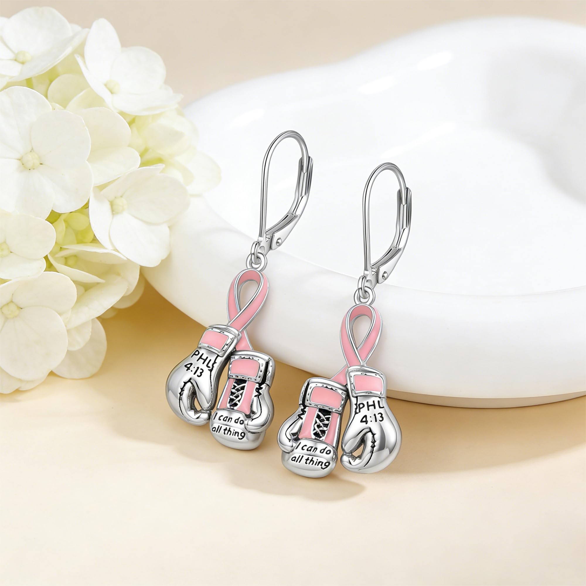 DAYLINLOVE Brustkrebs Ohrringe 925 Sterling Silber Boxhandschuhe Hänge Hebelrücklauf Ohrringe Rosa Schleife Brustkrebs Überlebende Aufklärung Schmuck Geschenk für Damen Frauen Mama Oma