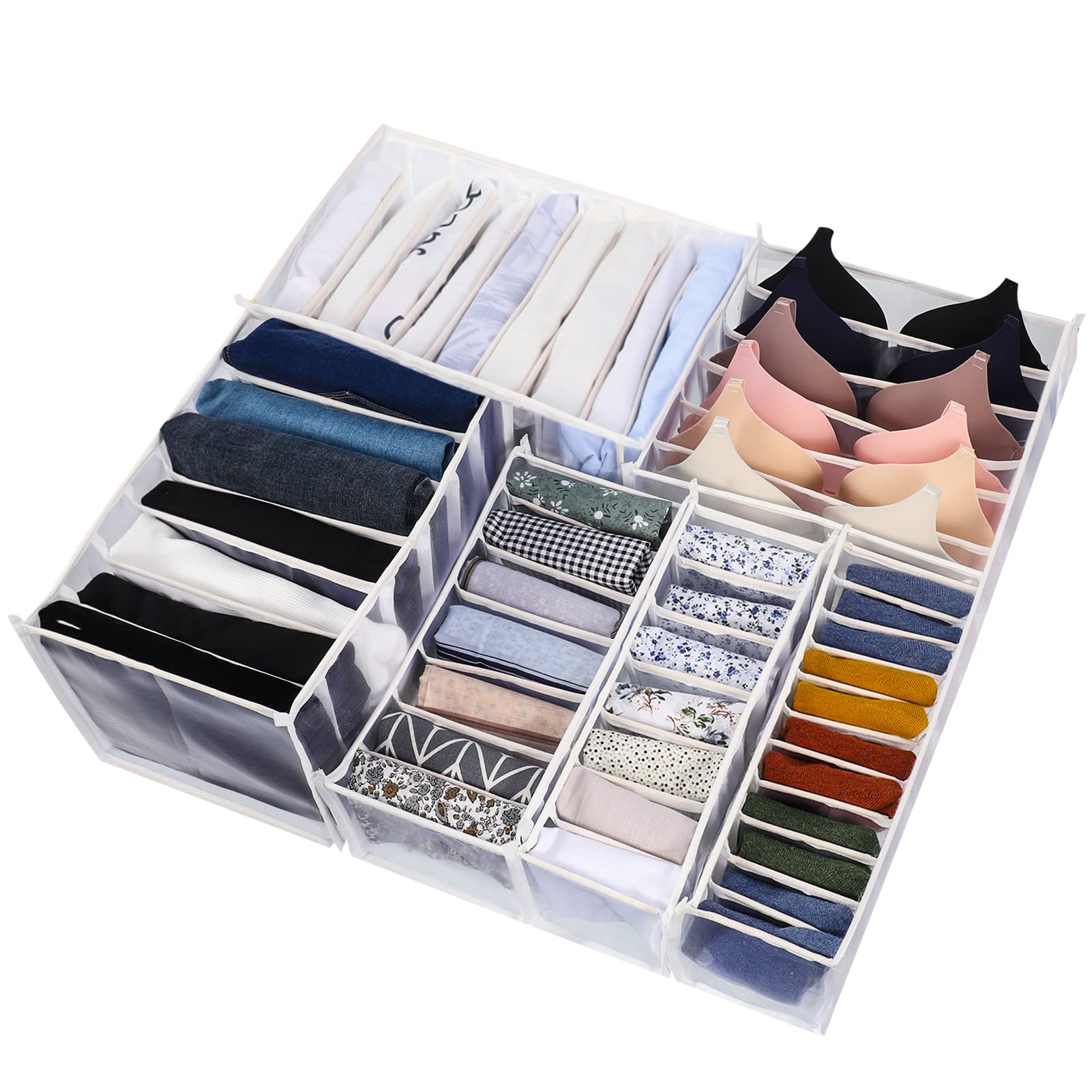 Popuppe 6 Pcs Wardrobe Clothes Organizer,Clothes Drawer Organizer Dividers Underwear Storage Clothes Organizer for Folded Clothes Socks Shirts Thin Tops Bras and Underpants Mesh (White)