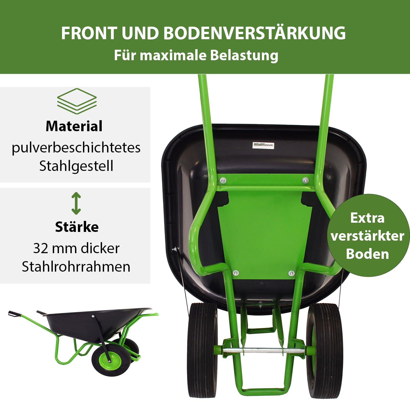 TRUTZHOLM 2-Rad Schubkarre 160 L 220 kg Gartenschubkarre Schiebkarre Hofkarre Vollgummireifen Metallfelge grün