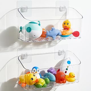 UNIKON Clear Bath Toy Organizer 2-Pack - Large Capacity Adhesive Shower Caddy with Drainage, No-Drill Mount