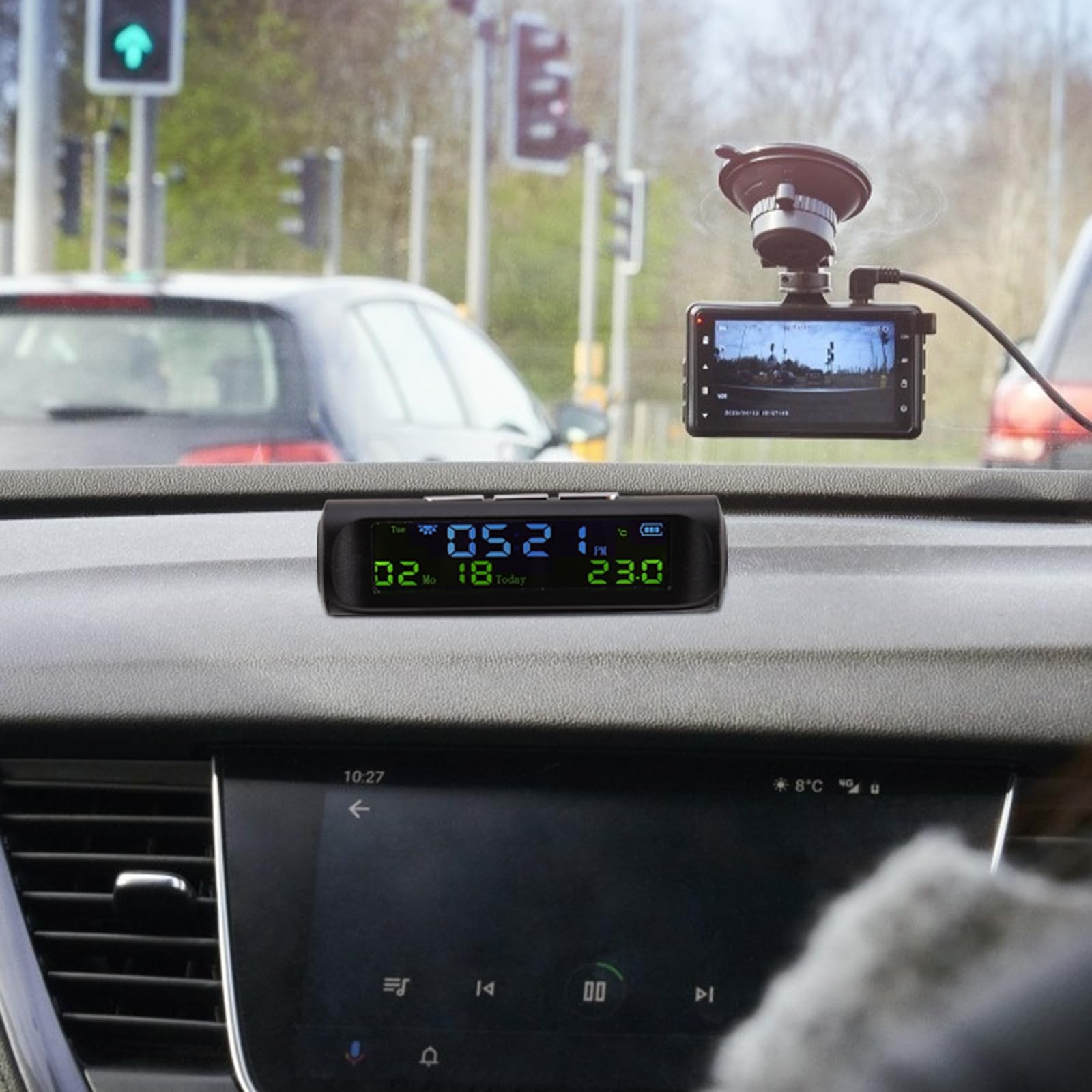 Vaguelly Reloj Digital para Coche Carga Solar, Termómetro Integrado y Calendario Anual, Fabricado en Abs y PC para Uso Prolongado y Resistente