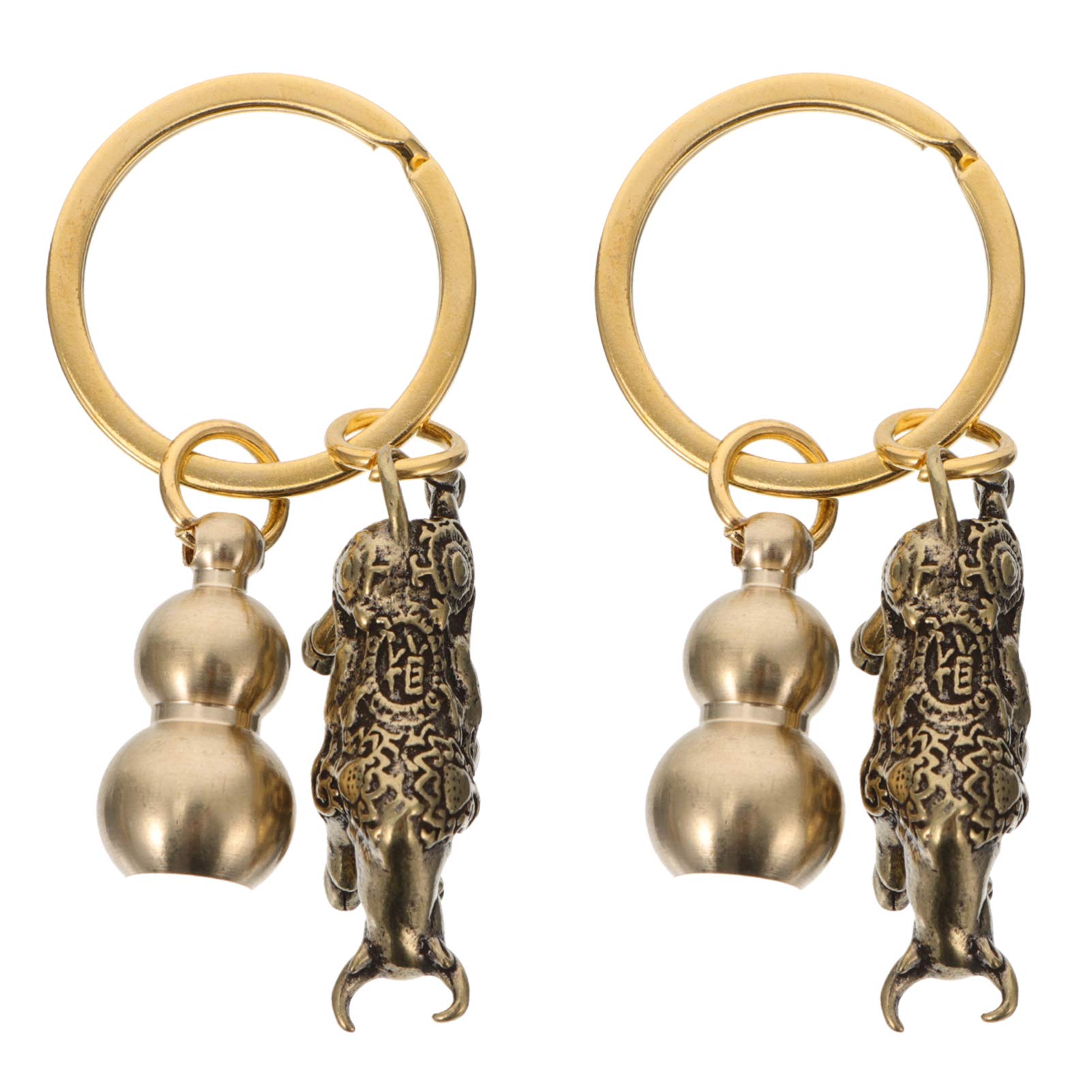 VOSAREA 2pcs Brass Wu Lou Keychain Chinese Gourd Key Ring Cow Keychain Miniature Cow Figurine Calabash Pendant Decorations Key Rings for Good Luck Fortune Wealth Success