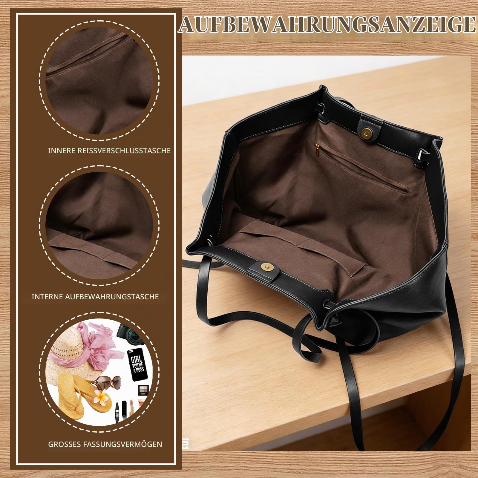 Tote Bag Damen, Shopper Tasche Damen Groß, Large Shoulder Handbag mit Abnehmbarer Schlaufe, Vintage Tasche für Arbeit Einkauf Reisen Büro