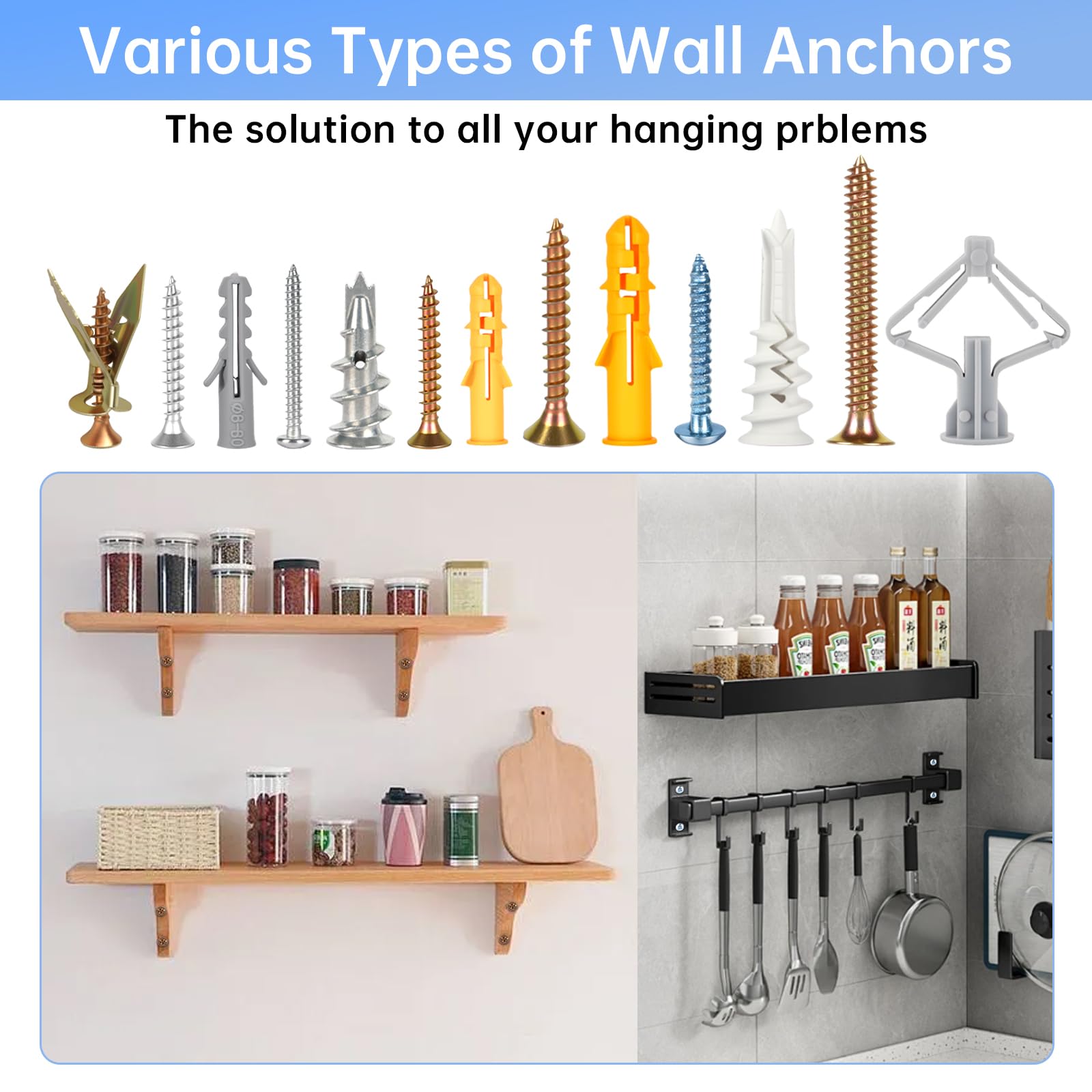 Trockenbaudübel und Schrauben, Sortiment, 300 Stück, 7 Arten, 150 robuste Blechdübel und 150 selbstbohrende Philips-Schrauben, Hardware-Set, einfach für Trockenwand, Regal, Aufhängen und