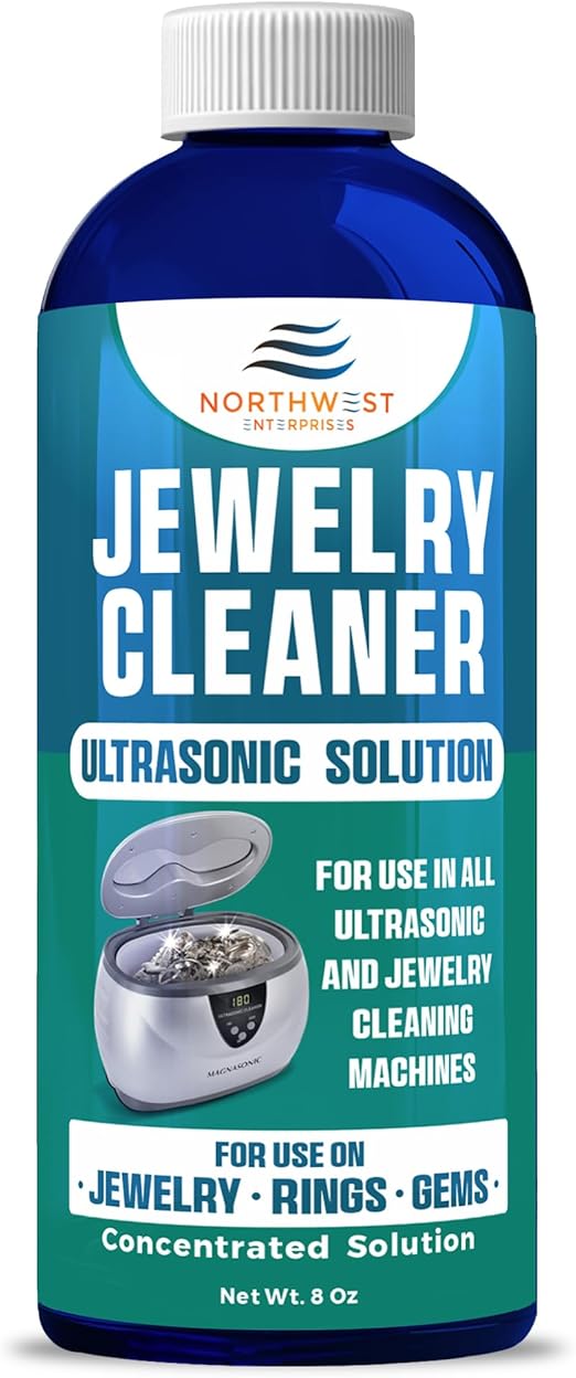 NORTHWEST ENTERPRISES Jewelry Cleaner, Ultrasonic Jewelry Cleaner Solution - Cleans Gold, Silver, Platinum, Diamonds, Non-Porous, & Semi-Precious Jewelry (8 Ounce)