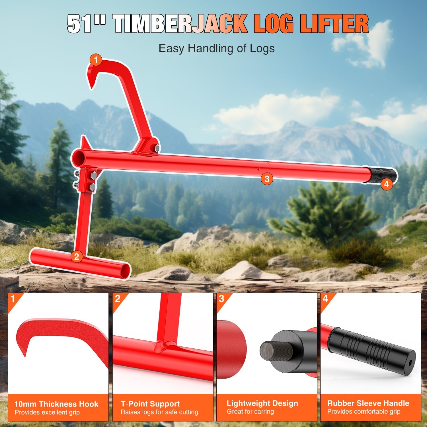 Yesker 51" Cant Hook for Log Roller Logging Tools with Adjustable Steel Cant Hooks Rubber Grip Heavy Duty Timberjack Log Lifter Mover Jack Firewood Tools for Rolling Raising up to 15" Diameter, Red