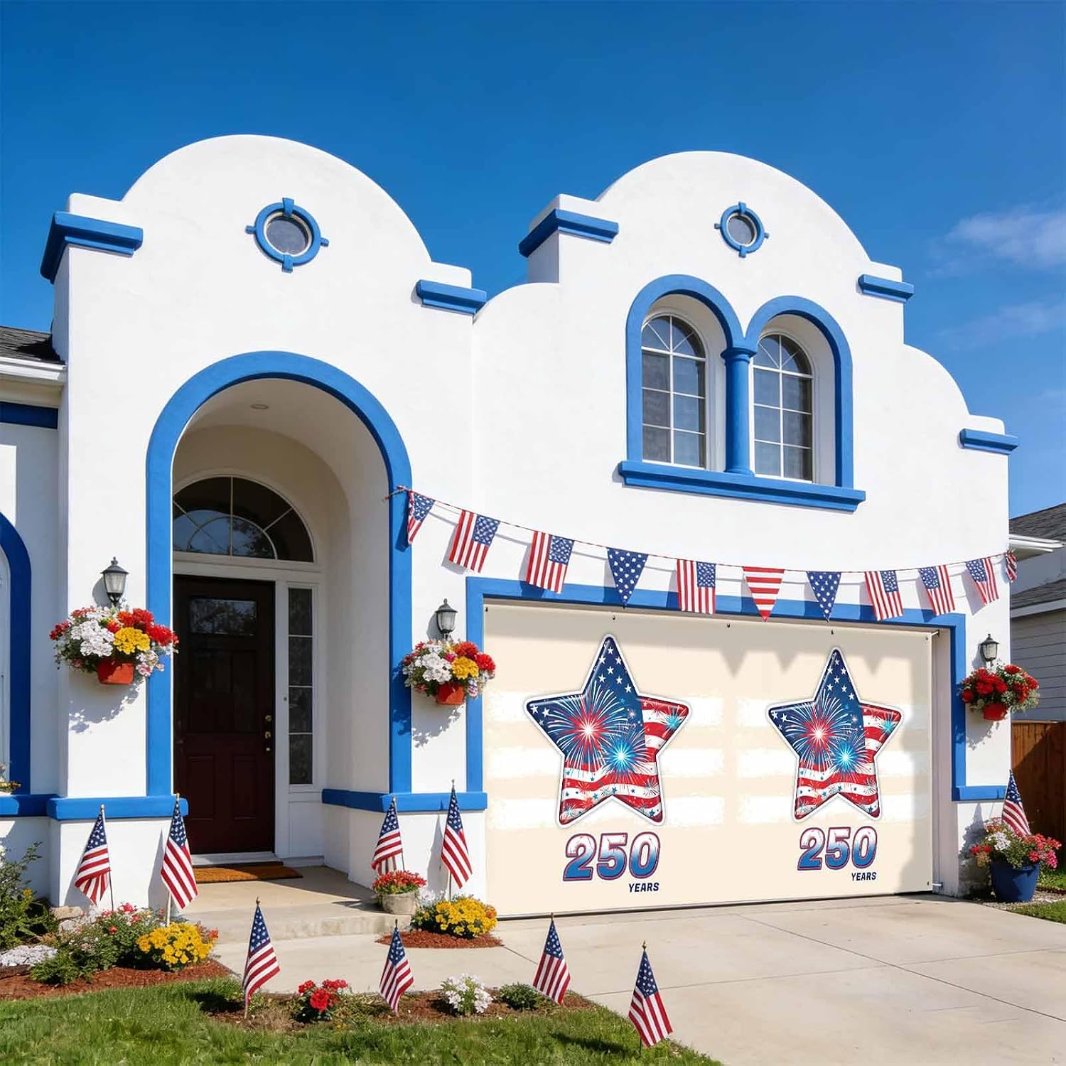 American Flag 250 Year Anniversary Garage Door Banner Cover, Hanging Garage Door Decorations, USA Star Beige Striped Holiday Garage Door Covers Backdrop for Party Indoor Outdoor Wall Decor 7x8Ft
