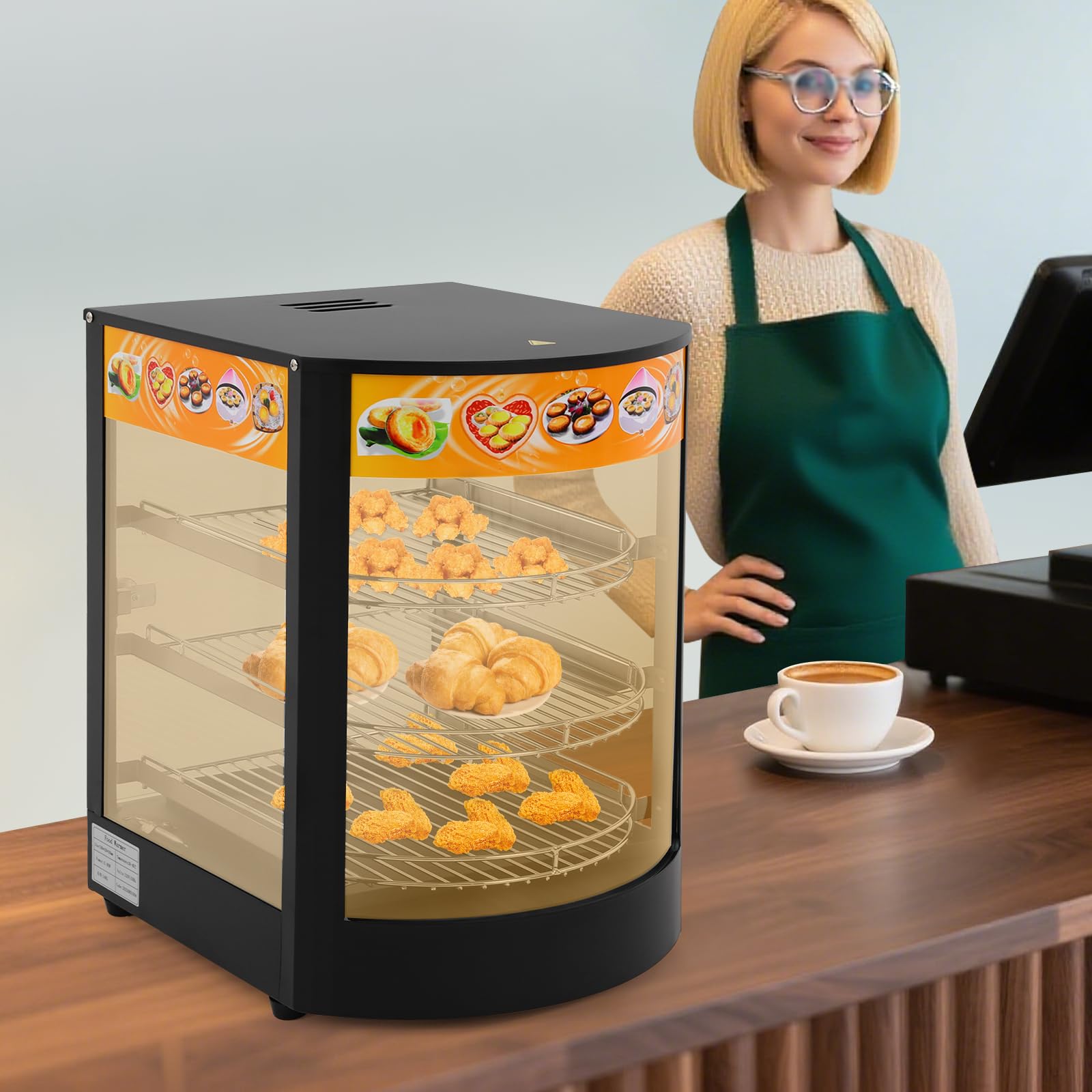 Scaldalibi commerciali a 3 livelli, 800 W, con luce, regolazione della temperatura da 30 °C a 85 °C, scaffale in filo a 3 livelli, contenitore per hamburger, pizza, pane, pollo arrosto