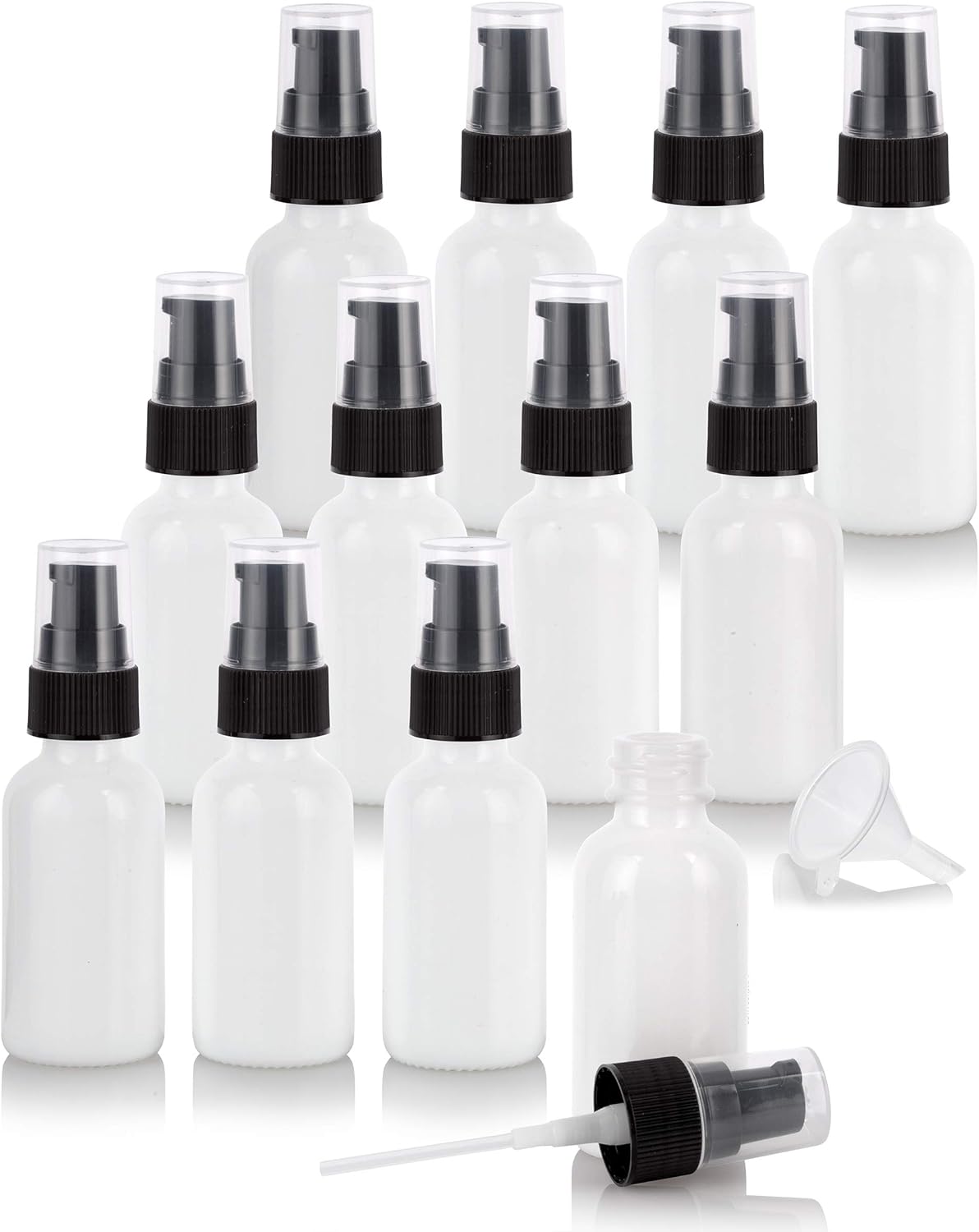JUVITUS 1 oz Opal White Glass Boston Round Bottle with Black Treatment Pump + Funnel | Refillable Empty Storage Containers (12 Pack)