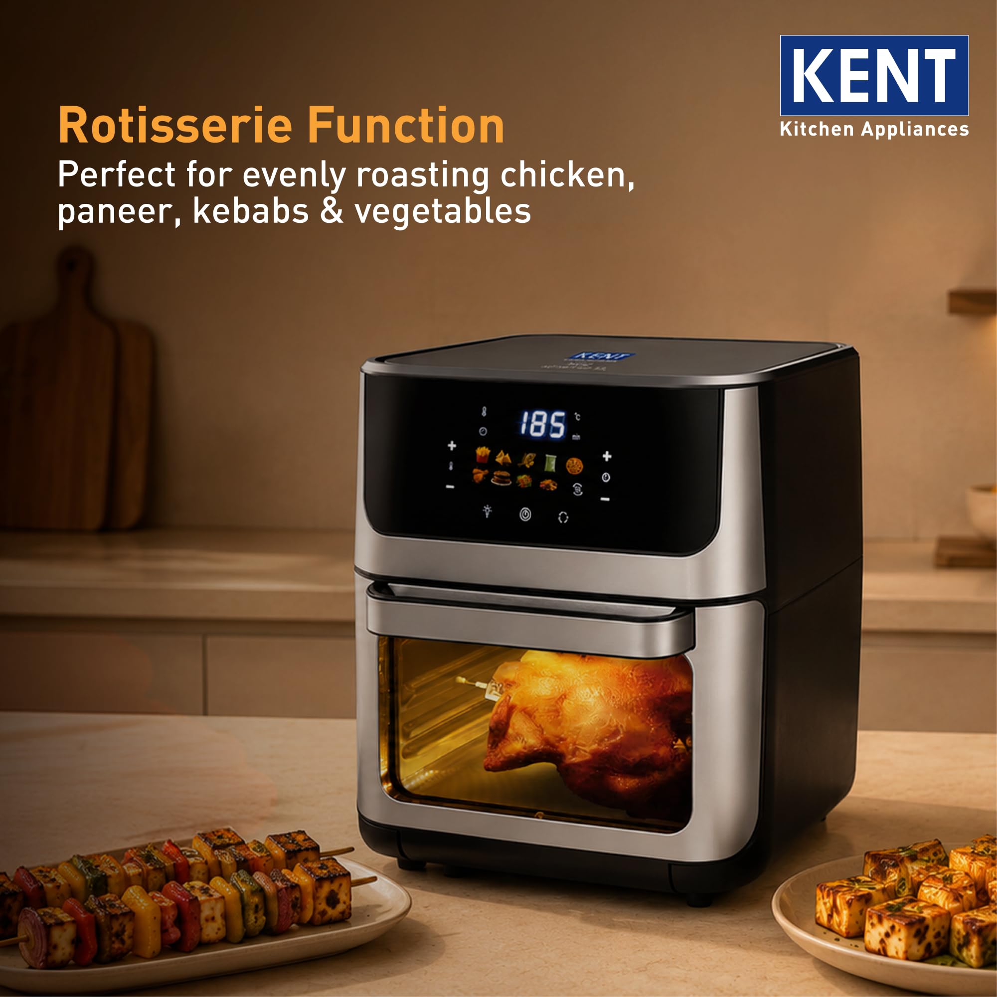 KENT Digital Air Fryer Oven 12L | 1800W | 360° Rapid Heat Circulation | 10 Preset Menus | Bake, Grill & Roast | Digital Display & Touch Control Panel | Dehydration & Rotisserie Function, Multi 2