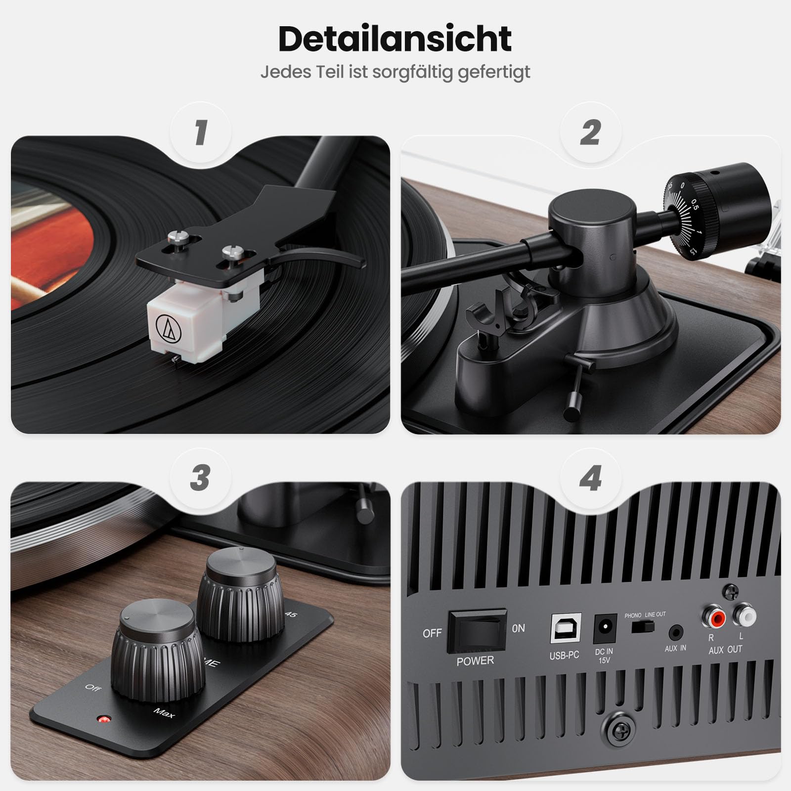 All in One Plattenspieler mit 4 Stereo Integrierten Lautsprecher,Hi-Fi Schallplattenspieler,Vinyl Record Player Bluetooth,USB PC Digitaler Ausgang,Phono Vorverstärker,AT-3600L,33/45U/min