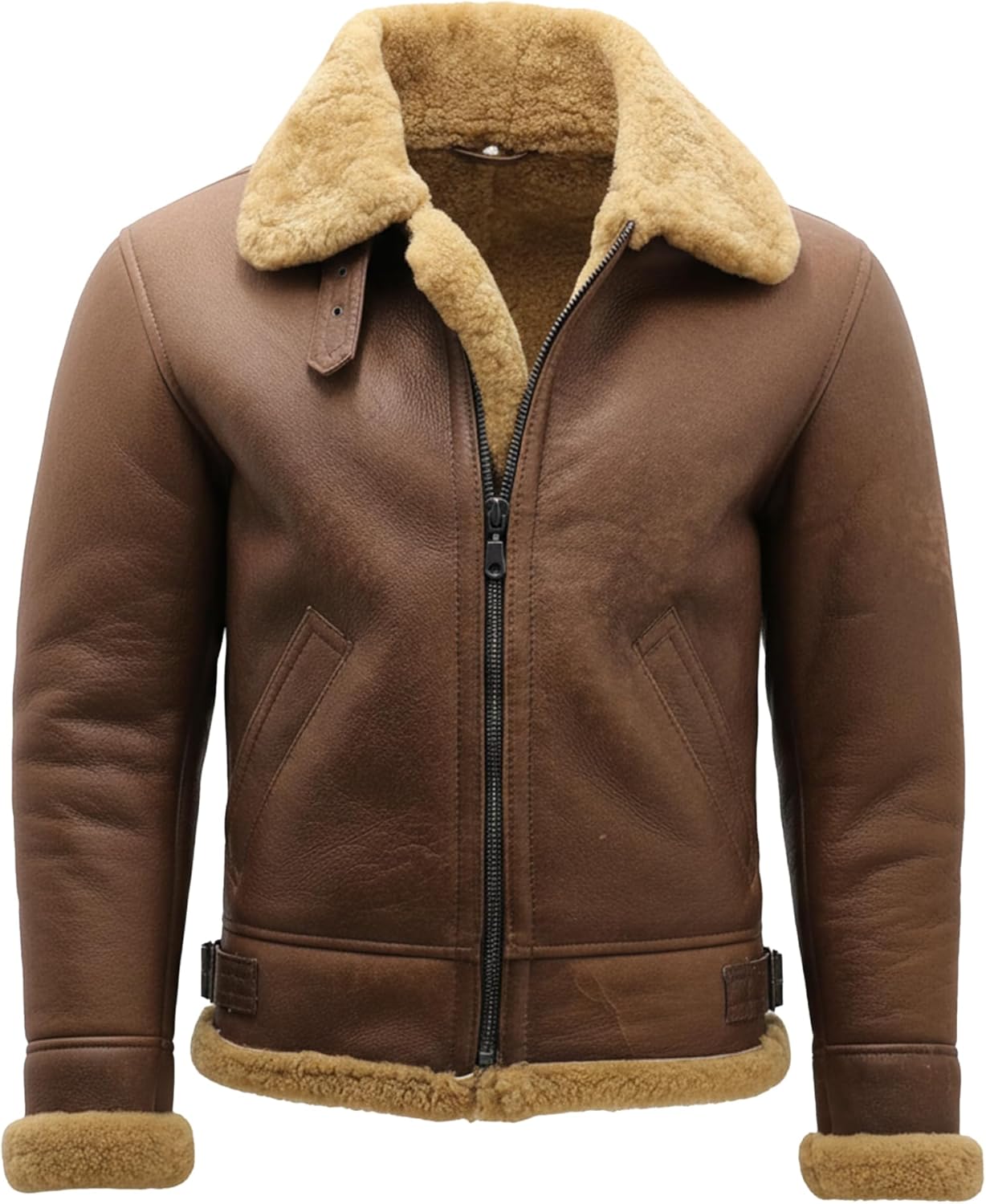 Men's RAF B3 Aviator Sheepskin Leather Jacket with Fur Collar & Adjustable Waist Belt – Men Bomber Jacket