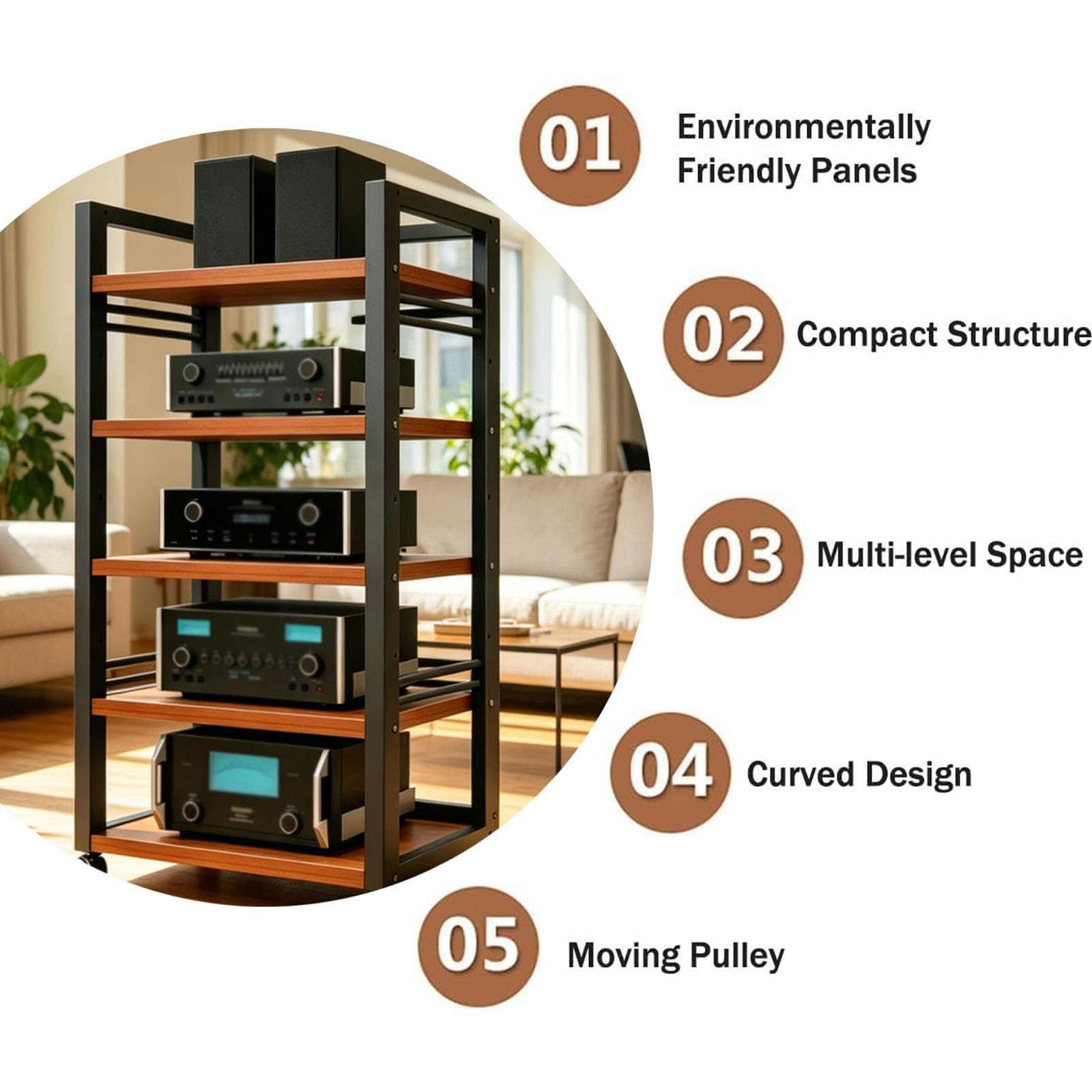 Mobile Hifi 5-Level Audio-Video Con Ruote Universali Altezza Regolabile | Mobile Stereo Hi Fi Rack/Con 360° Ruote/Con Ripiano Regolabile/ Altezza Regolabile/Per Sala Giochi(Teak)