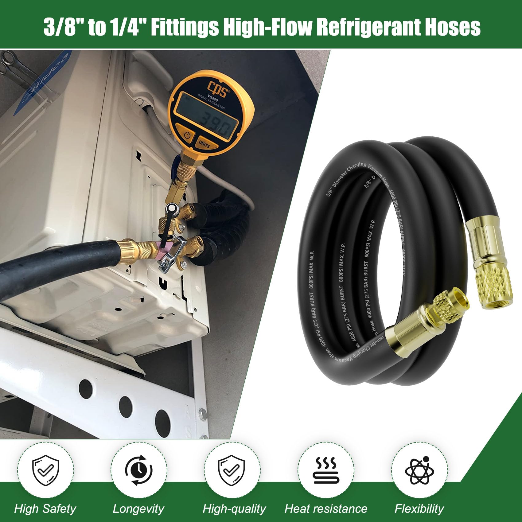 Manguera de vacío HVAC de 3/8 pulgadas (6 pies), accesorios SAE de 3/8 a 1/4 pulgadas, funcionamiento de 800 psi/presión de ráfaga de 4000 psi, manguera de alto flujo certificada por vacío compatible