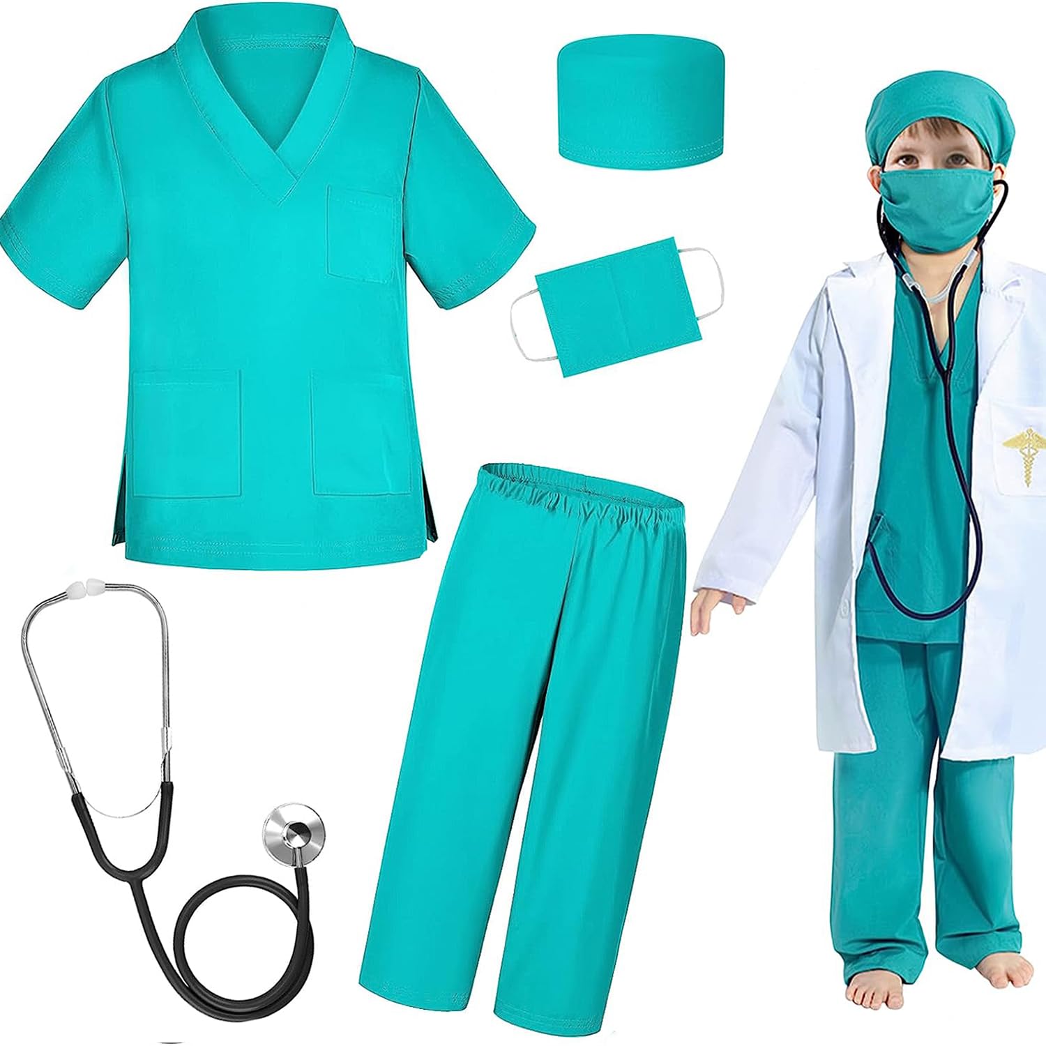 YelaJoy Doctor Costume for Kids Scrubs Pants with Green Accessories Set Toddler Children Cosplay Nurse Dress,Operation dress,Professional Role Play, Anti-epidemic Costume,3-14Years