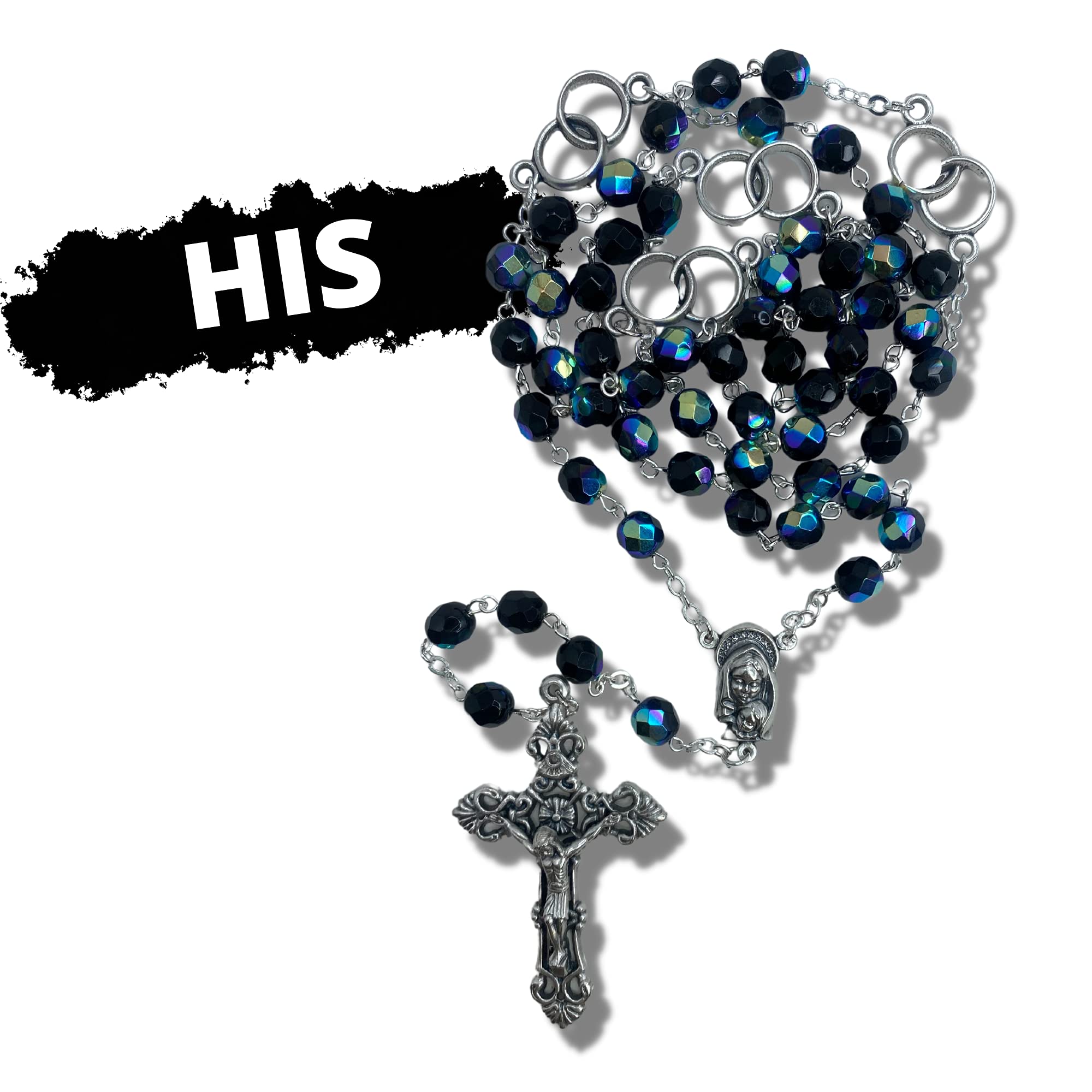 Needzo Set di rosario per matrimonio per lui e per lei, idee regalo cattoliche per coppie fidanzate e sposate, rosario per coppie di sposi, in scatola da regalo (52,1 cm, nero, bianco)
