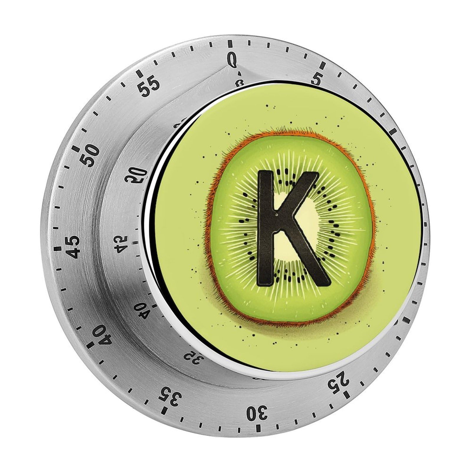 Temporizador de cocina de acero inoxidable con base magnética y diseño de kiwi