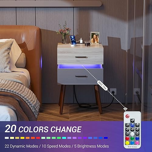 Miniatura 4 de Armocity Mesitas de noche con estación de carga y luz LED mesita de noche con cajones moderna mesita de noche con puerto de carga soportes de noche
