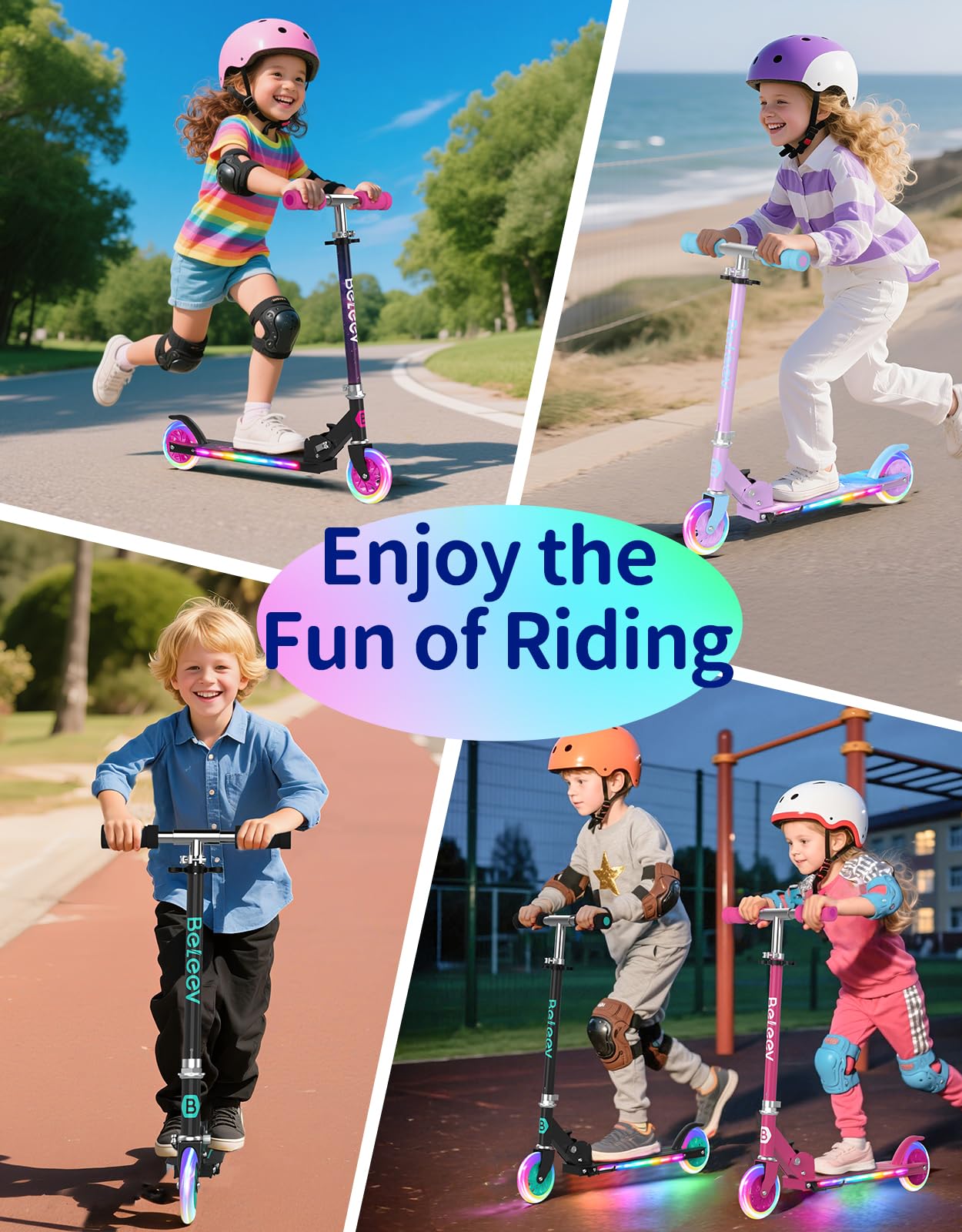 BELEEV V1Plus Roller Kinder 6 Jahre, Faltbare Scooter Kinder mit LED Leuchtenden Räder und Deck, 3 Höhenverstellbarer, Rutschfestes Deck, 2 Räder Kinderroller mit Ständer für Mädchen Jungen 3-12 Jahre