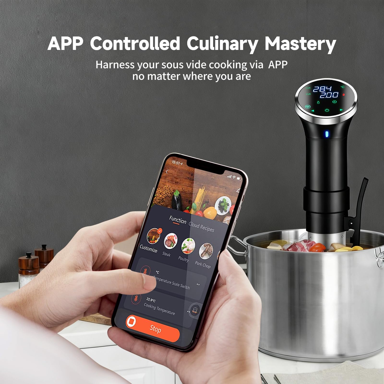 WiFi Sous Vide Cooker with APP Control,1100W Sous Vide Immersion, 3D Heating& LED Display for Fathers Day Kitchen Gifts for Men,Temperature Range 77-203℉ Ultra-Quiet Slow Cooking Sous-vide APP Control