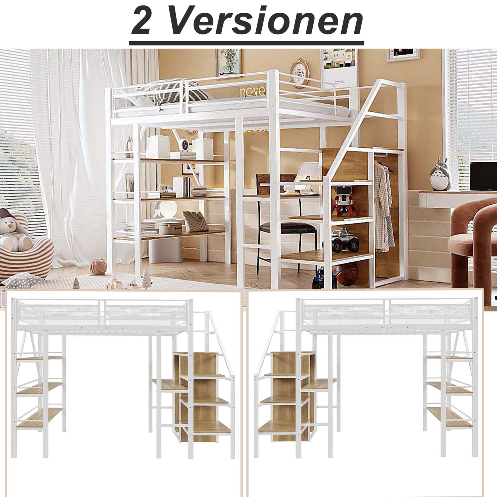 PUGSDRLY Lit Mezzanine 2 Place avec Escalier installé Gauche ou Droite,Lit Mezzanine Enfant 140x200cm avec Bureau,Armoire et étagère de Rangement à 3 Couches,pour Adolescent Adulte (Blanc, 140x200)
