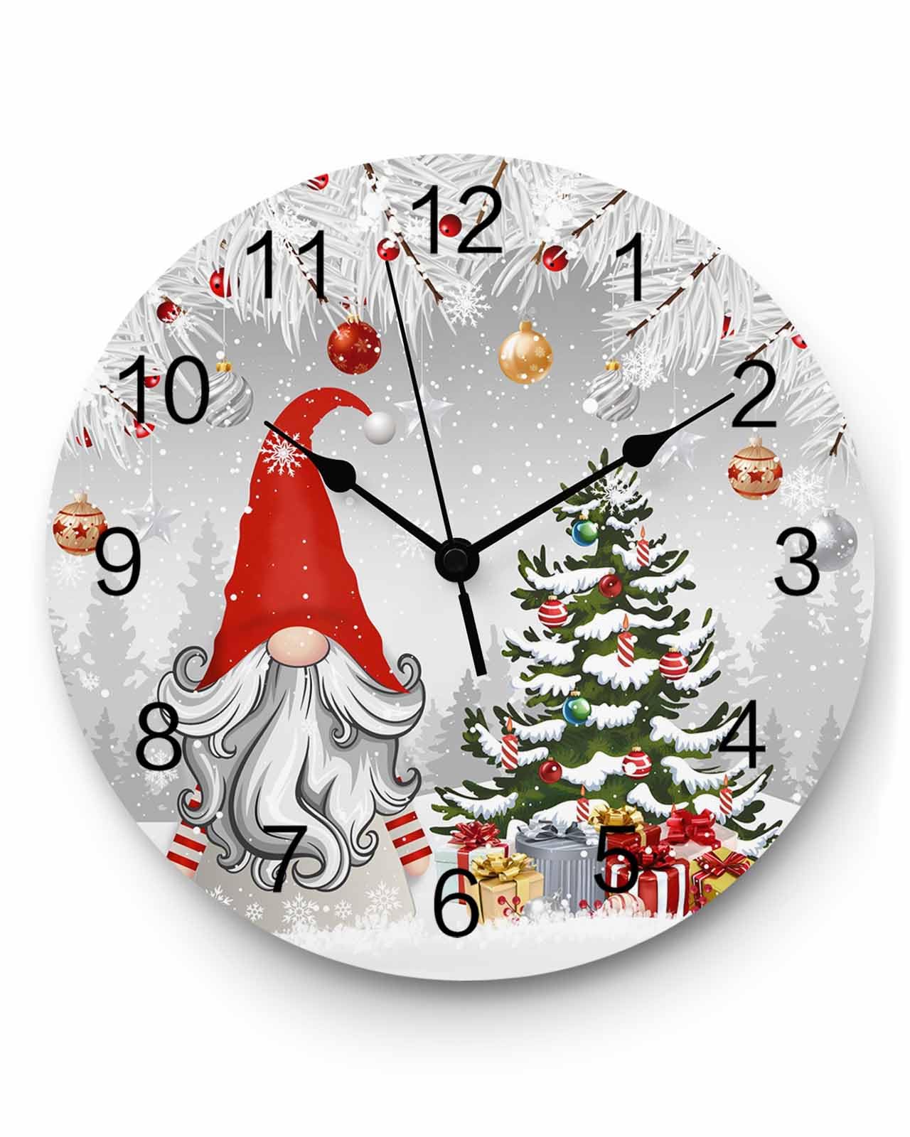 Ensound Christmas Wall Clock Gnome Xmas Tree Balls Clocks Wooden Silent Non-Ticking Battery Operated Grey Pine Needles Snowflake Round Clock for Home Living Room Kitchen Bedroom Office School 12 Inch