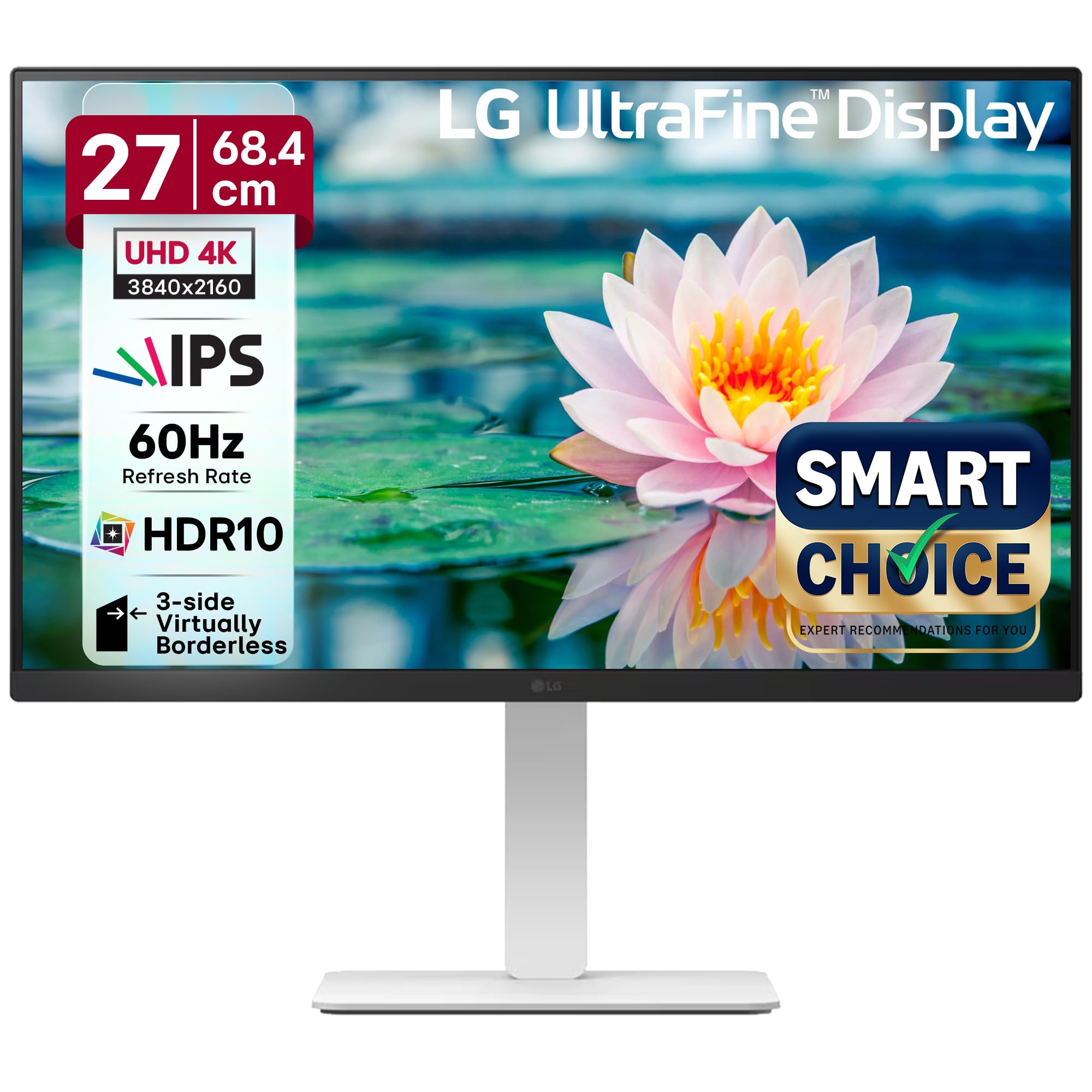 LG 27US550 Smartchoice 68 cm (27 Inch) Ultrafine UHD (3840x2160) IPS Monitor, HDR10, DCI-P3 90%(Typ.), 3-Side Virtually Borderless, Anti-Glare, DP, HDMIx 2, Tilt/Height/Swivel/Pivot Adjustment (White)