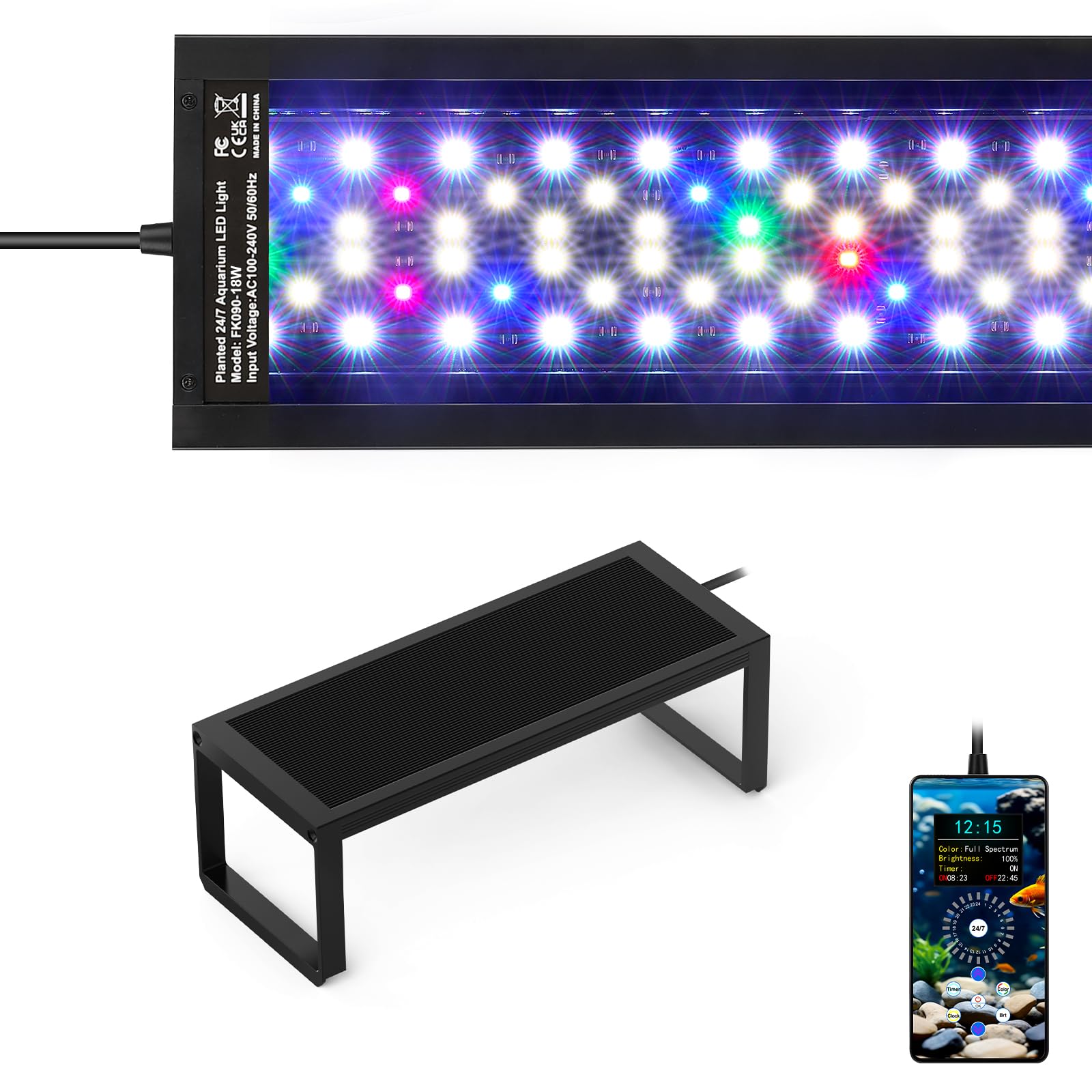 Fishnanny 6-Rows WRGB Led Aquarium Light, 24/7 Mode Fish Tank Light with One-Touch Calibrate Time, Full Spectrum Led Grow Lights with Precise DIY to 1-Min Timer & 1%-Brt & 9-Color, mit Memory Function