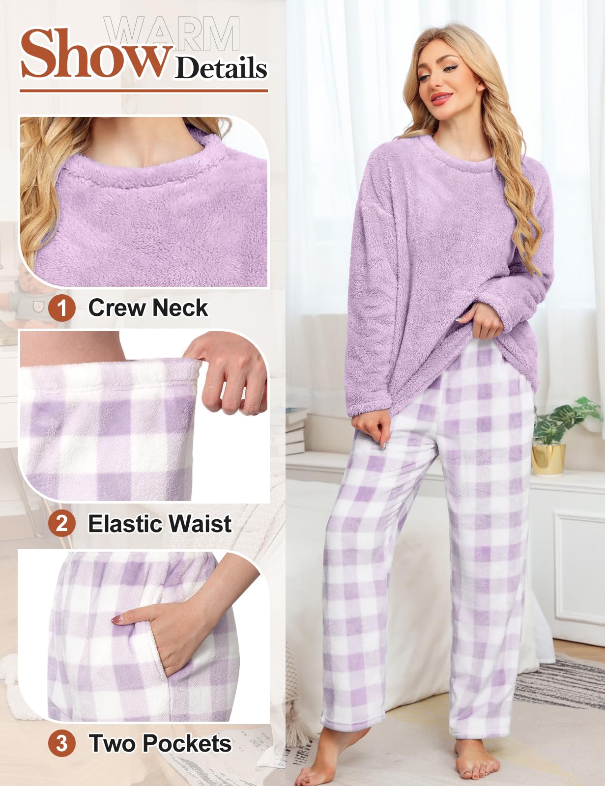 Niwicee Pijama para Mujer Invierno Conjunto de Pijama Forro Polar Super Suave Ropa de Dormir 2 Piezas Damas Ropa de Noche Manga Larga cálida y Pantalones Largos con Bolsillo Pijama para Navidad