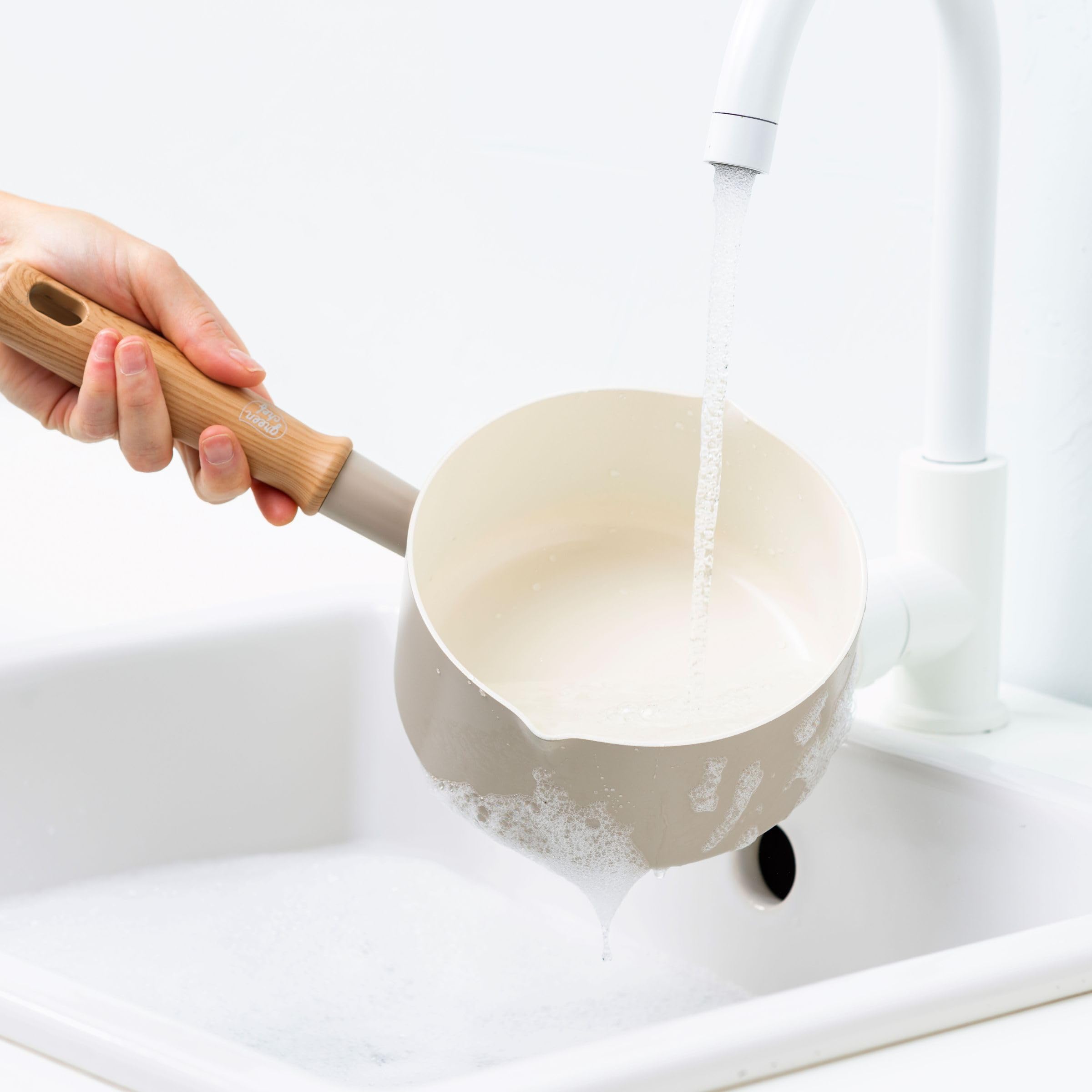 GreenChef Nordics Cazo con Revestimiento Cerámico Antiadherente 16 cm, Compatible con Inducción, Mango Efecto Madera, Sin PFAS, Apto para Horno Hasta 220 °C, Apto para Lavavajillas, Crema