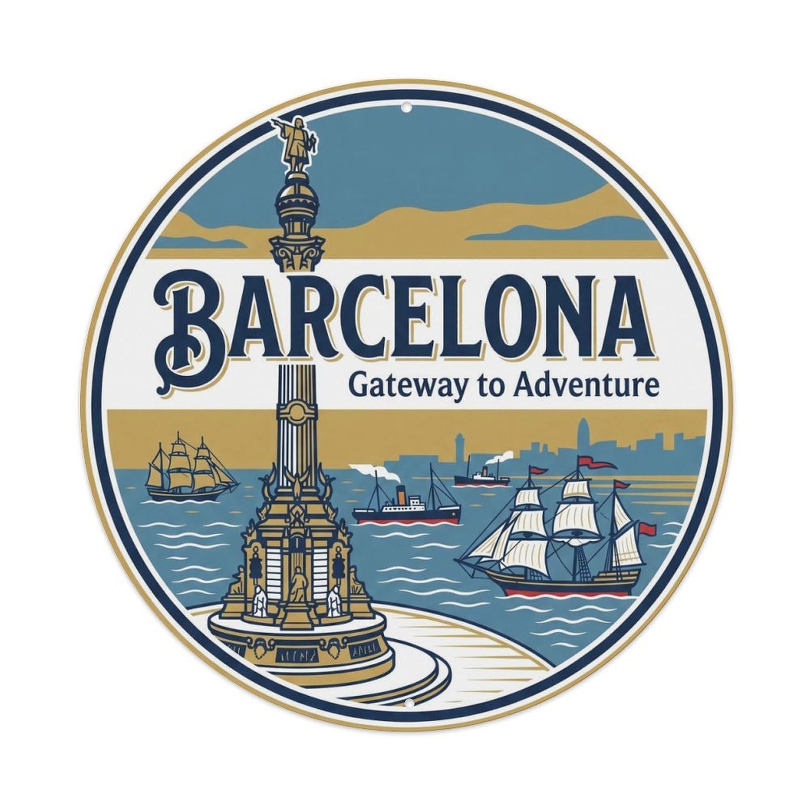 Vintage Travel Barcelona Columbus Monument Landmark Metal Tin Sign Plaque Wall Decor for Cafe, Club, Garden Round Metal Poster 8x8Inch