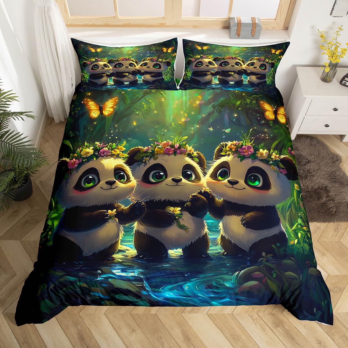 3 Pieces Cartoon Pandas Duvet Cover Queen for Teens,Jungle Animals Watercolor 3D Bear Comforter Cover with Zipper Closure,Glittering Butterly Natural Landscape Super Soft Bedding (Not Comforter)