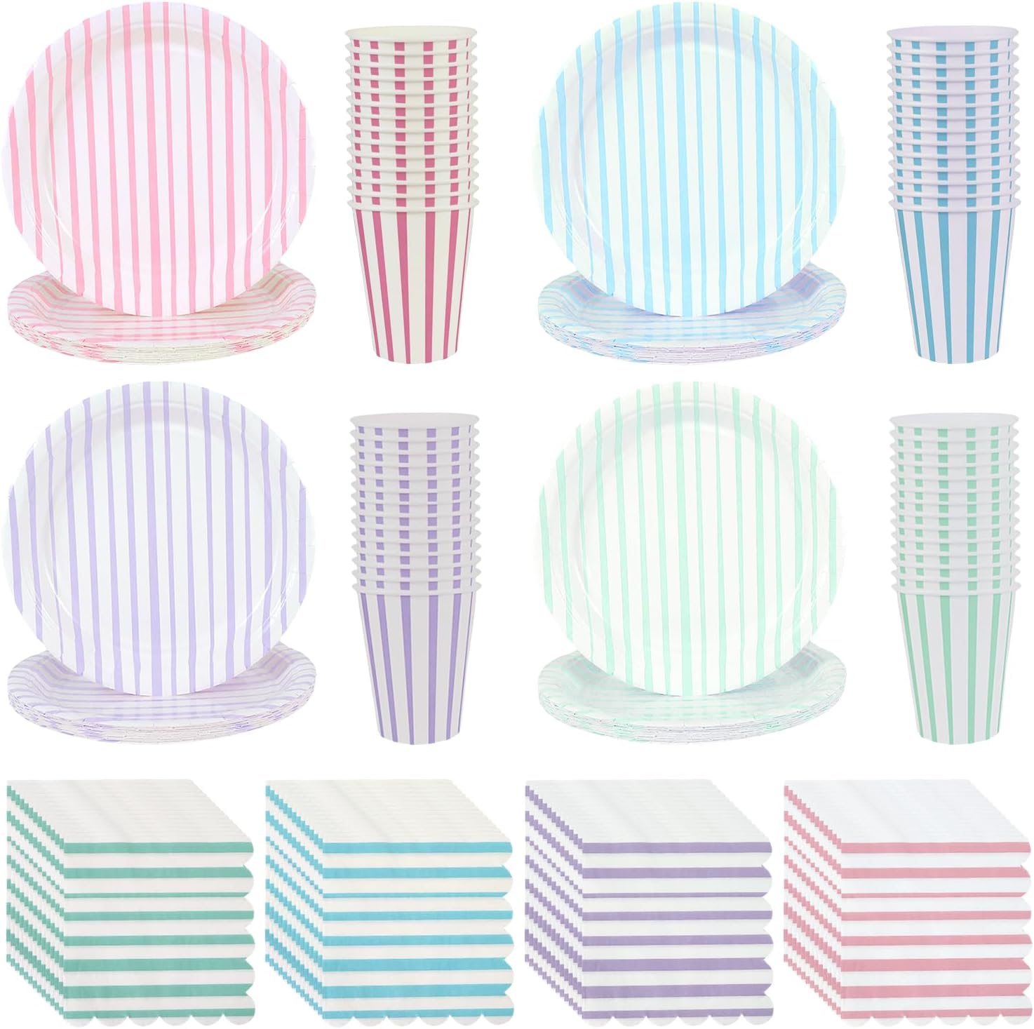 160 Pcs Stripe Pastel Party Supplies, Disposable Dinnerware Set, Including 48 Paper Plate 56 Cup 56 Napkin Macaron Dinnerware Set for Birthdays, Baby Shower, Wedding, Festivals