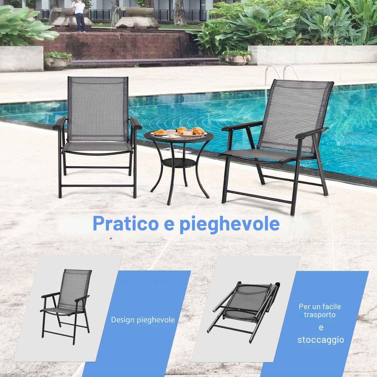 KOMFOTTEU Set di 2 Sedie da Giardino Pieghevoli con Schienale Alto, Sedie da Esterno in Tessuto e Metallo, Carico 150 kg, Poltrona da Balcone, Terrazza, Sala da Pranzo, Cortile (Grigio)