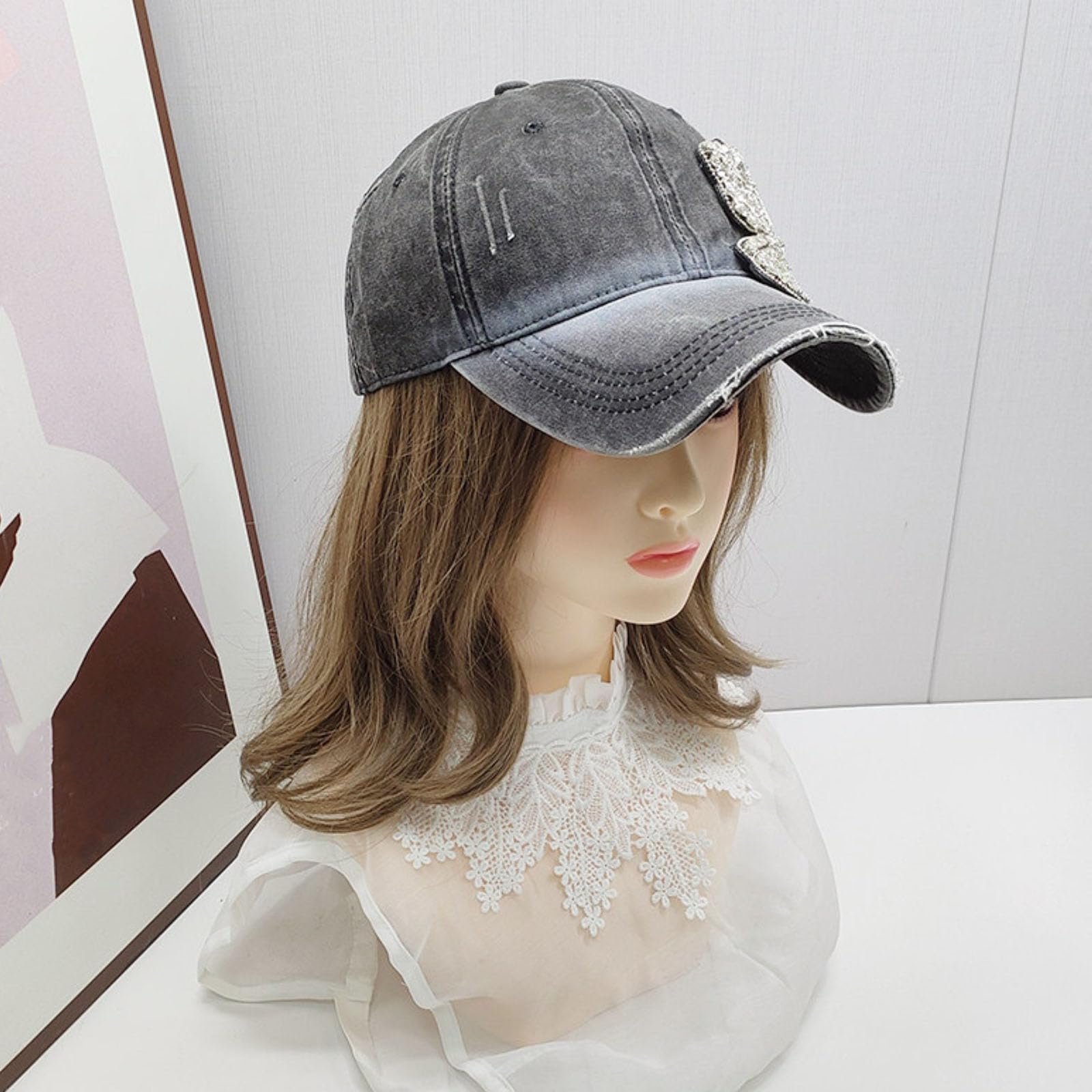 Cappellino Da Baseball Da Donna in Denim Lucido Con Strass Vintage Effetto Invecchiato Con Fiori Scintillanti Regolabile Modello Trucker