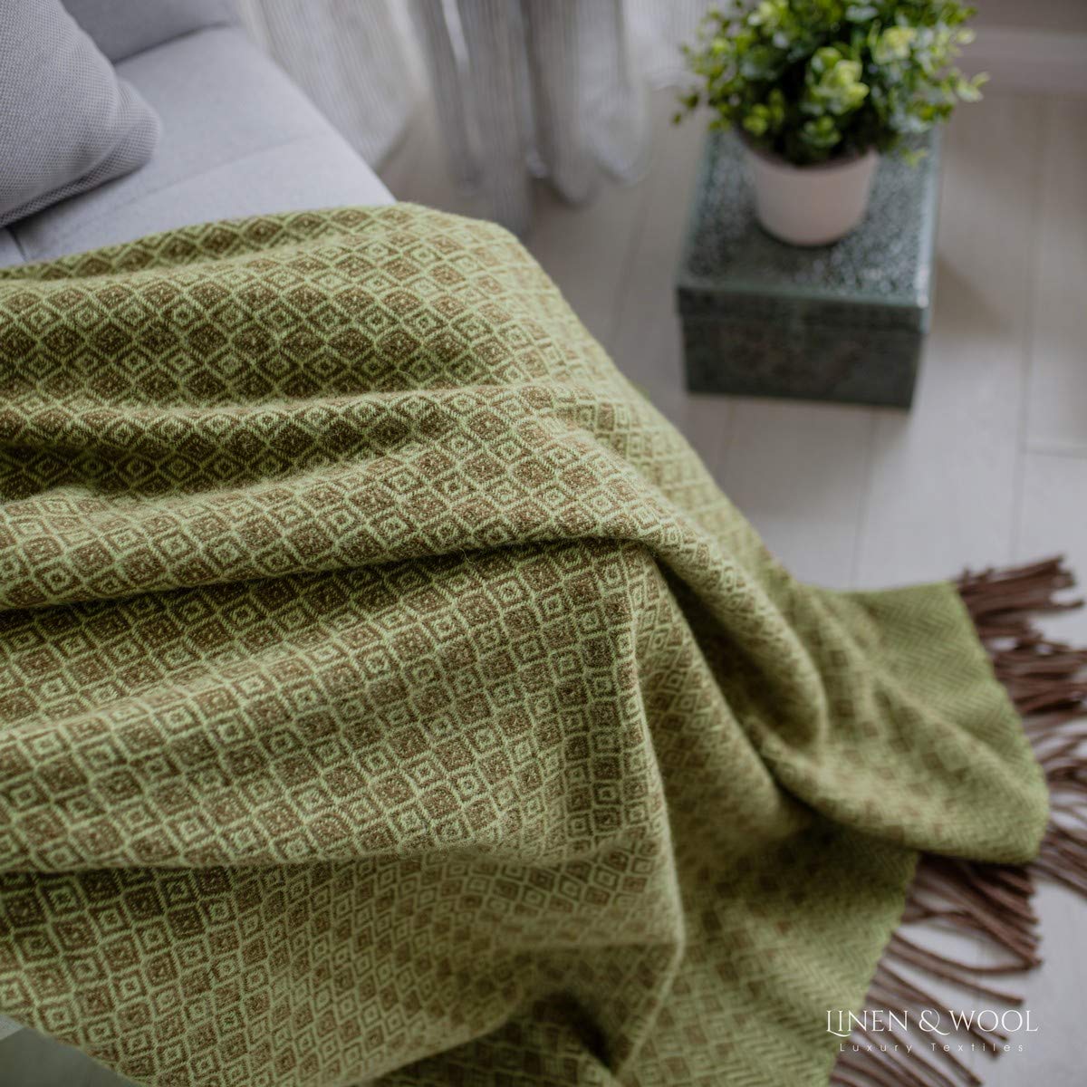 Linen & Cotton Plaid de Luxe Paris Diamant Sergé - 100% Pure Laine de Nouvelle-Zélande, Brun Marron Vert (140 x 200cm) Couverture Chauffante/Jeté de Canapé/Couvre Lit Polaire/Blanket Sofa Fauteuil