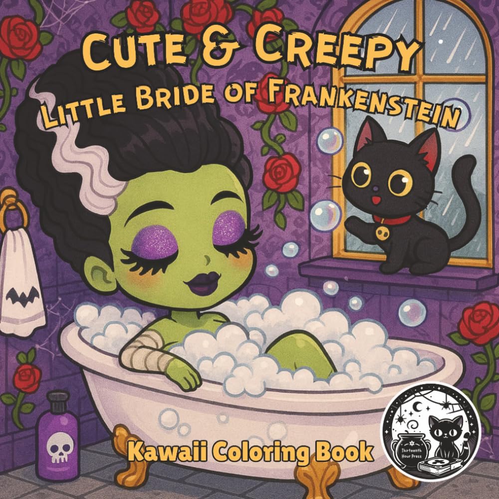 Cute and Creepy Little Bride of Frankenstein Kawaii Coloring Book for Kids, Teens, and Adults: Adorable Spooky Chibi Monsters with Cats Black Background for Fun and Relaxation