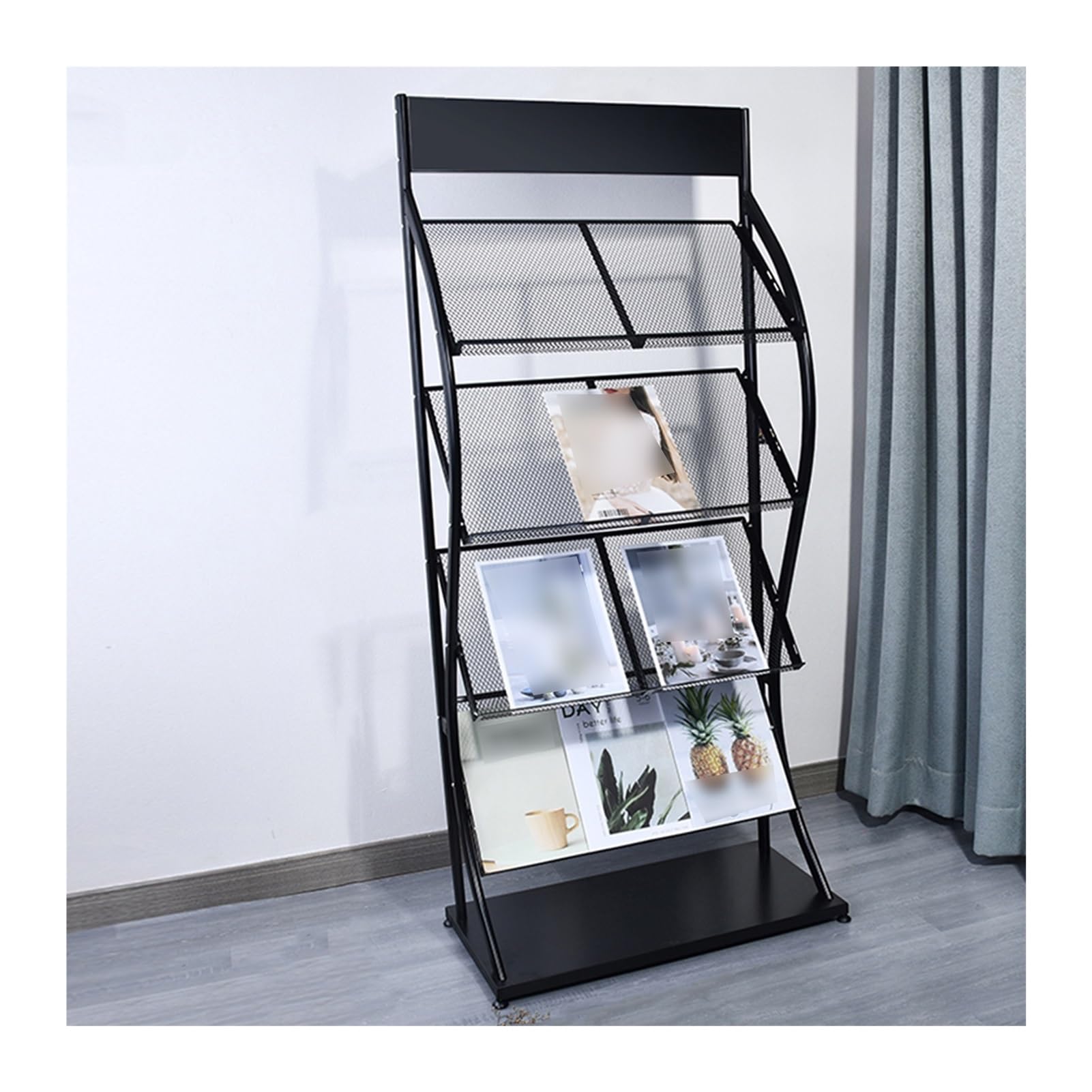 Présentoir à magazines haut de gamme étagère noire élégante de 4 niveaux pour bureaux et expos