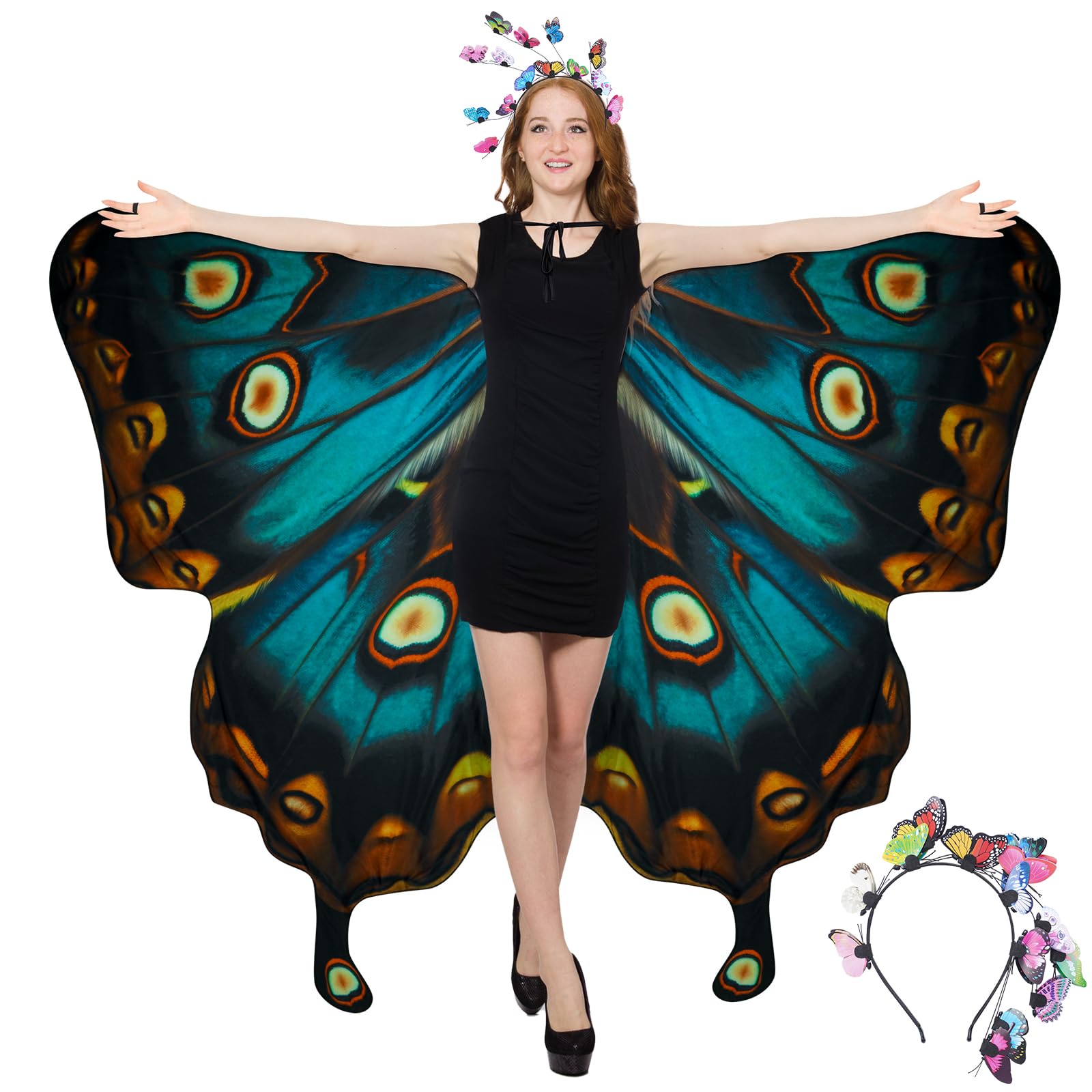 Double-Sided Printing Butterfly Wings Shawl Costume with Headband Set Halloween Fairy Butterfly Wings Cape 69x57inch