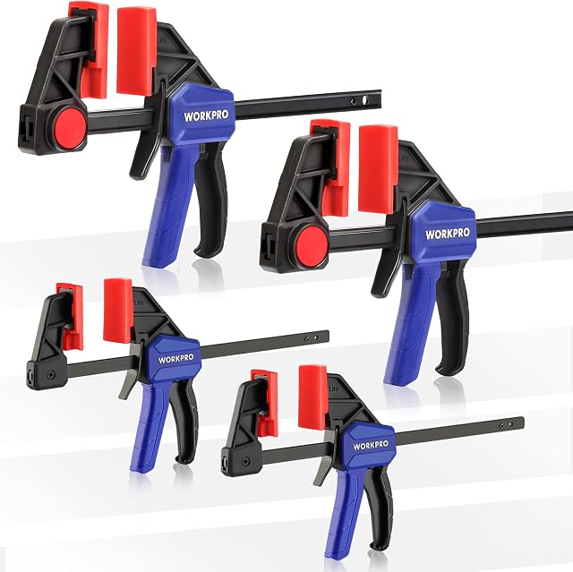 WORKPRO 4-Piece Clamps for Woodworking, 6-Inch x2 & 4.5-Inch x2, One-Handed Clamp/Spreader, Wood Clamps Set, Light-Duty Quick-Change F Clamp 50/150LBS