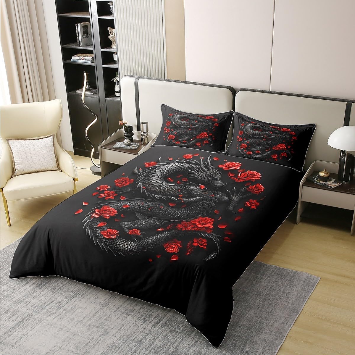 Feelyou Dragon Duvet Cover 100% Cotton King Size Kids Personalized Dragon Bedding Set Botanicla Rose Floral Comforter Cover Set Wild Dragon Theme Red Black Bedspread Cover 3Pcs,No Comforter