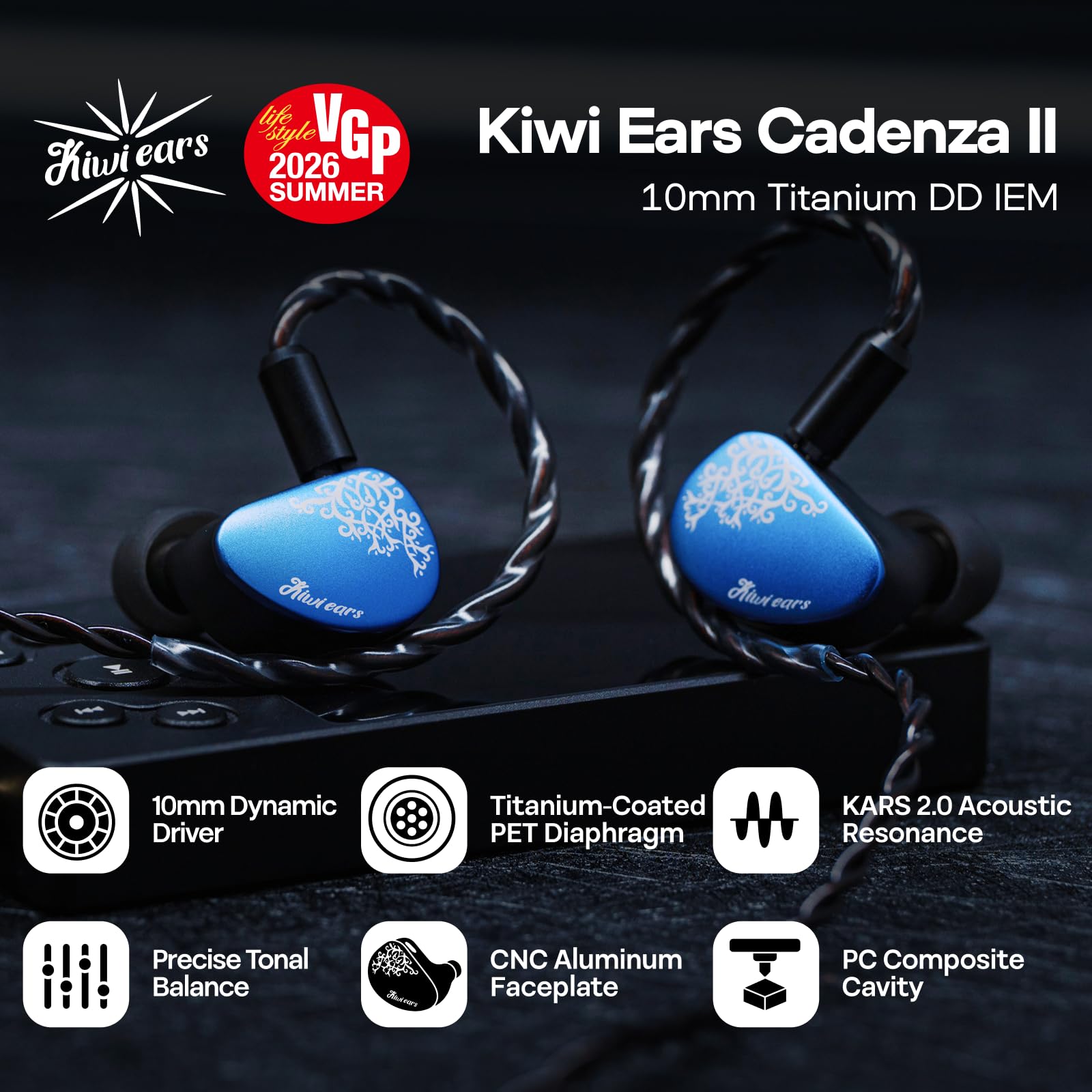 Linsoul Kiwi Ears Cadenza II In Ear Monitor con Driver de Titanio de 10mm, Auriculares IEM con Cable con KARS 2.0,Equilibrio Tonal Preciso,Placa Frontal de Aluminio CNC (3,5 mm Senza Mic, Azul)